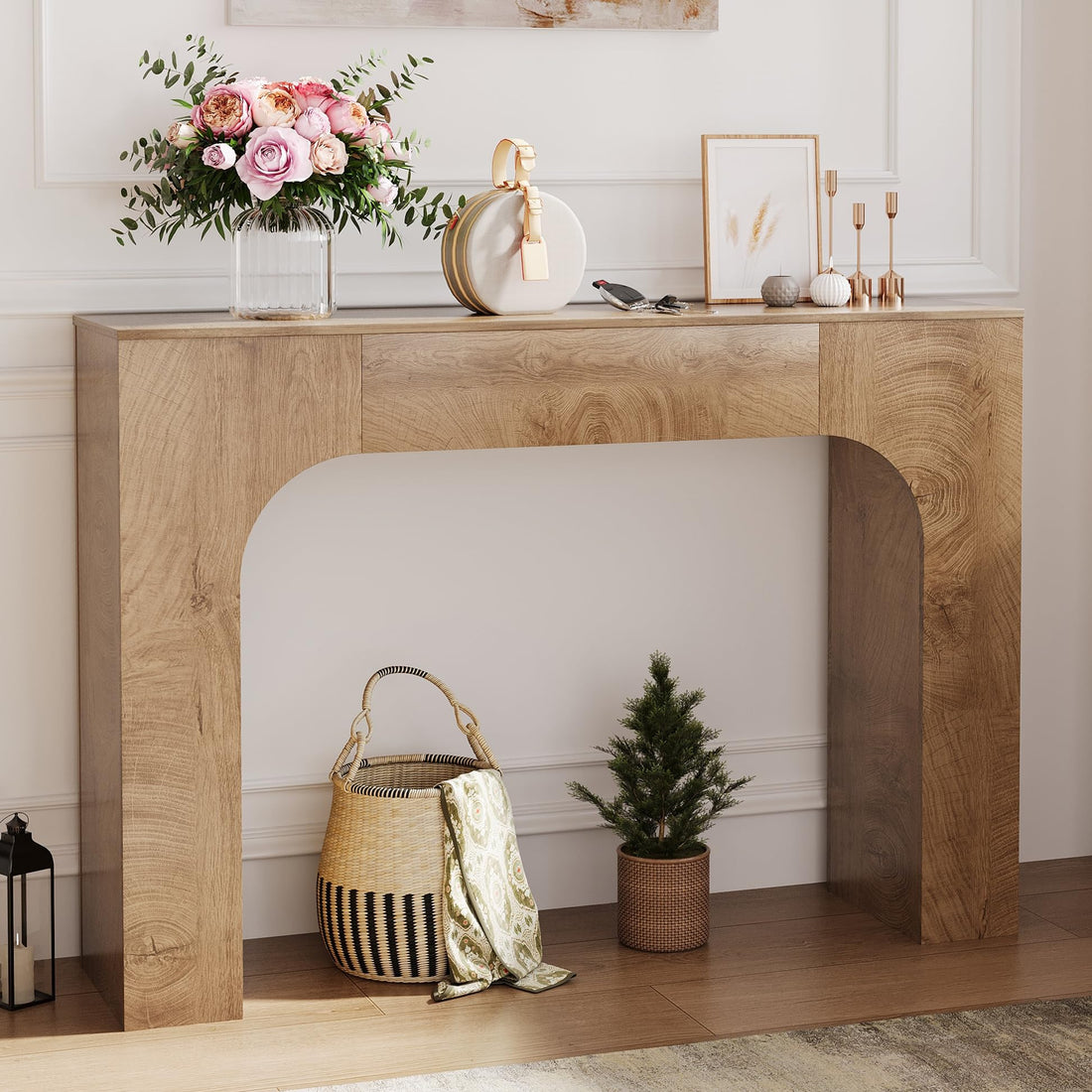 Tavolo console Garvee da 47 pollici in stile fattoria, tavolo da ingresso stretto in legno, struttura robusta, soggiorno, corridoi, legno di quercia scuro