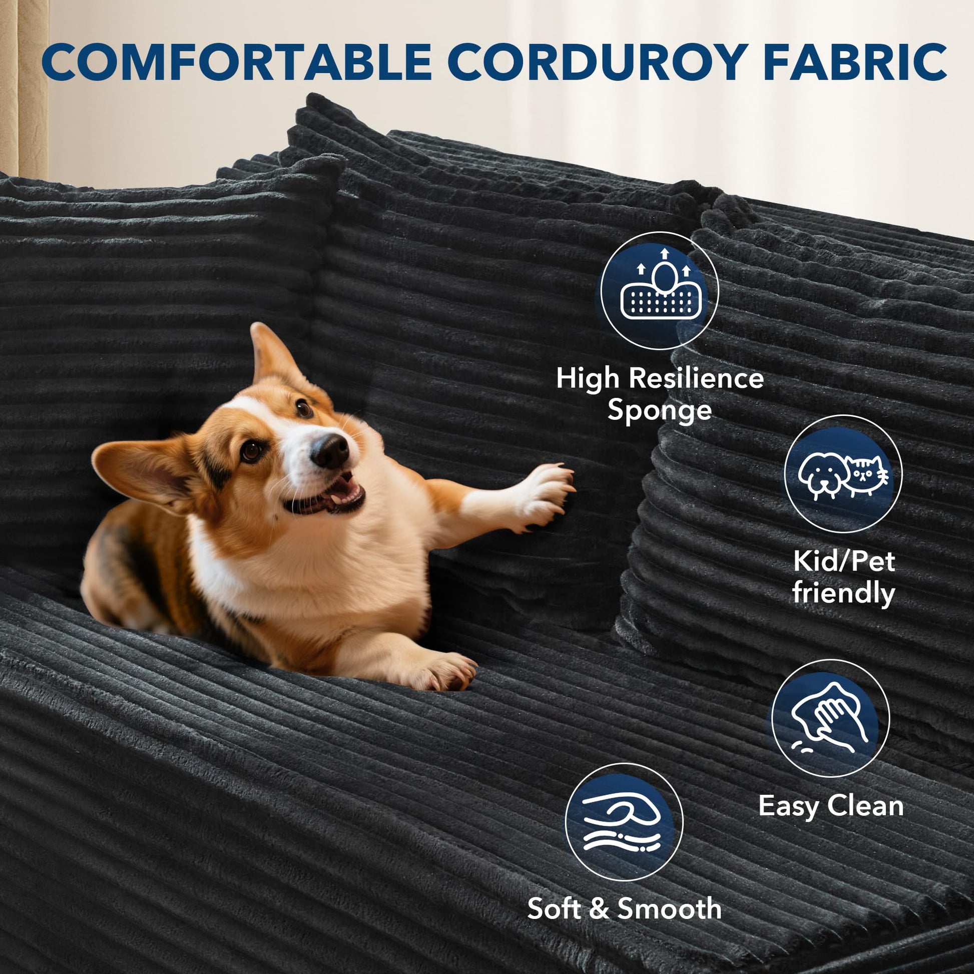 Divano angolare modulare Garvee Cloud 106" a forma di L, nero, divano letto oversize, soggiorno, seduta profonda, comodo e soffice, non richiede montaggio.