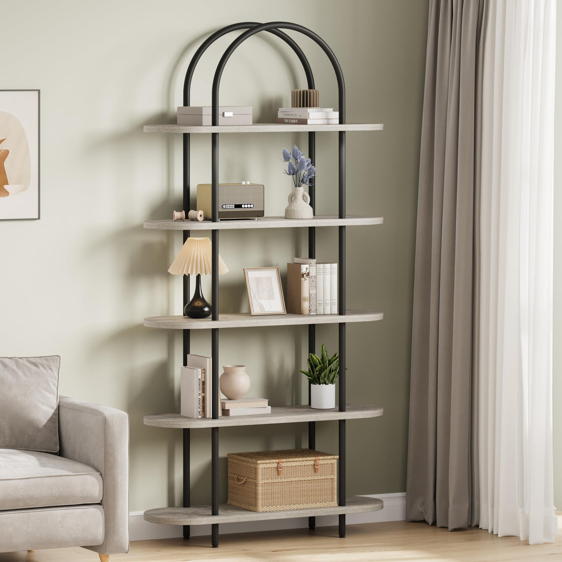 Libreria ad arco Garvee da 71" con 5 ripiani, struttura in metallo, colore nero e grafite, per soggiorno e ufficio, robusta e versatile.
