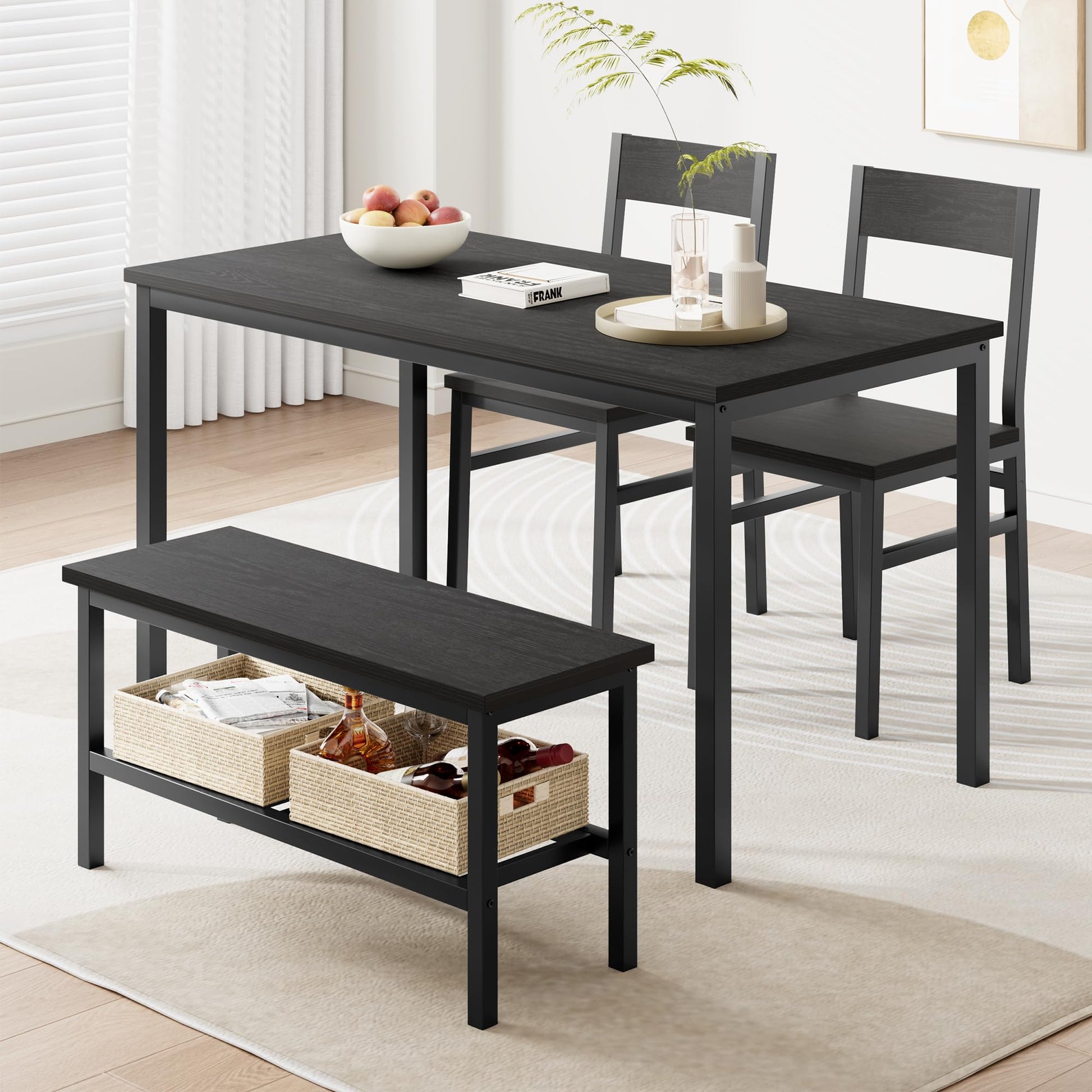 Set da pranzo Garvee per 4 persone con panca e sedie, salvaspazio, con contenitore, MDF e acciaio, robusto, nero, piccoli appartamenti