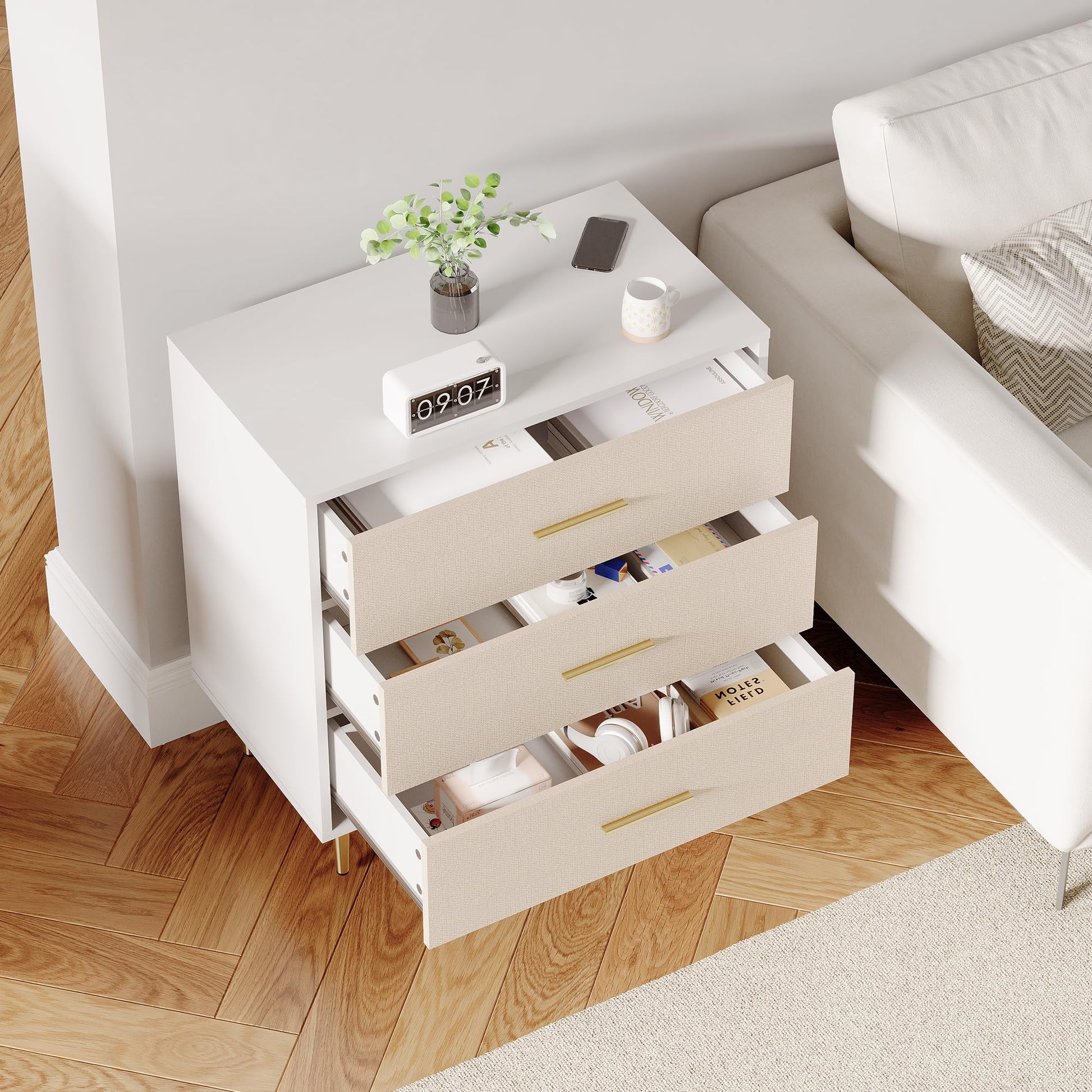 Elegante cassettiera Garvee a 3 cassetti, bianca con dettagli dettagliati, per camera da letto e soggiorno, design minimalista, struttura robusta