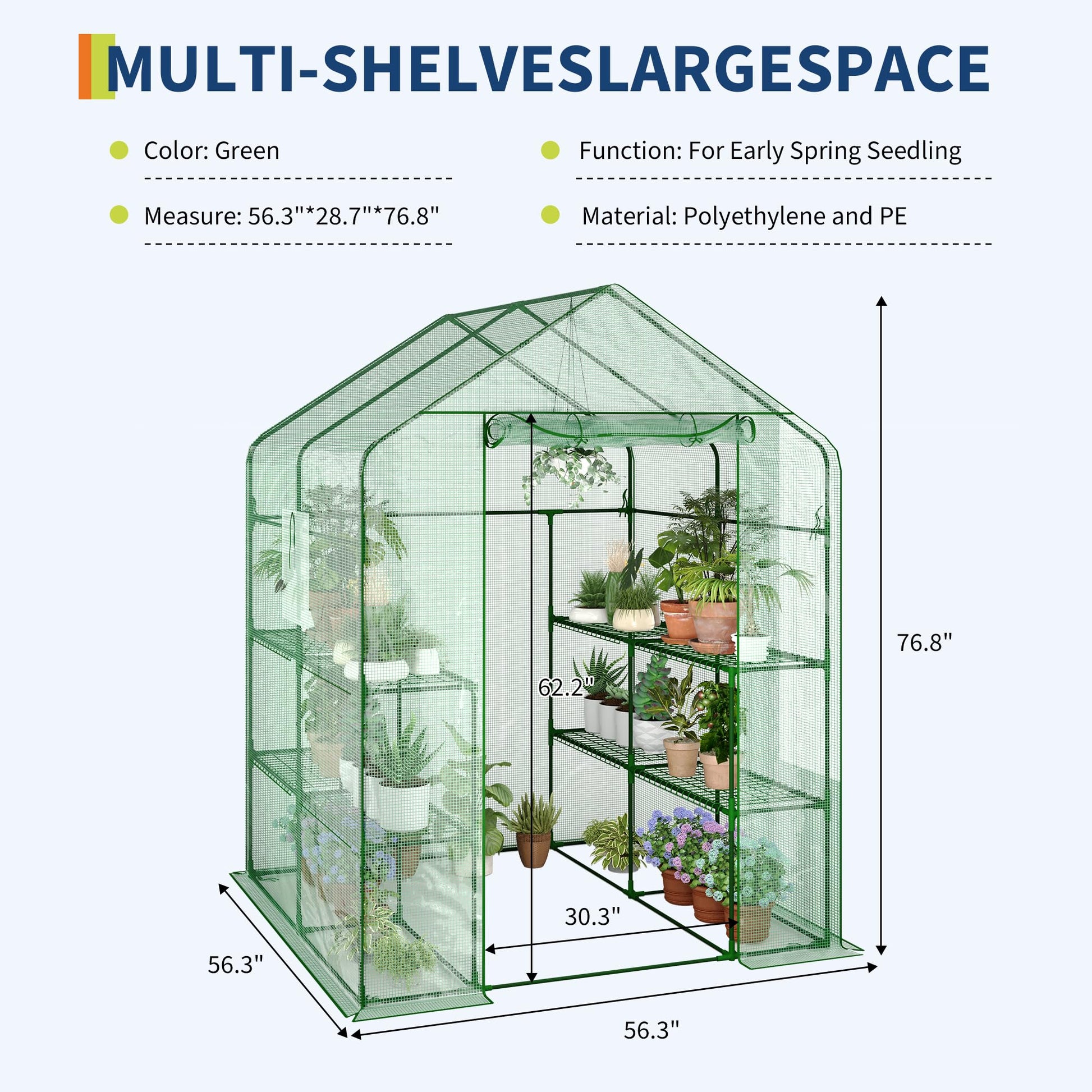 Serra Garvee 57x57x76'' con 3 livelli e 12 ripiani, copertura in PE spesso, finestra, portatile per interni e giardino