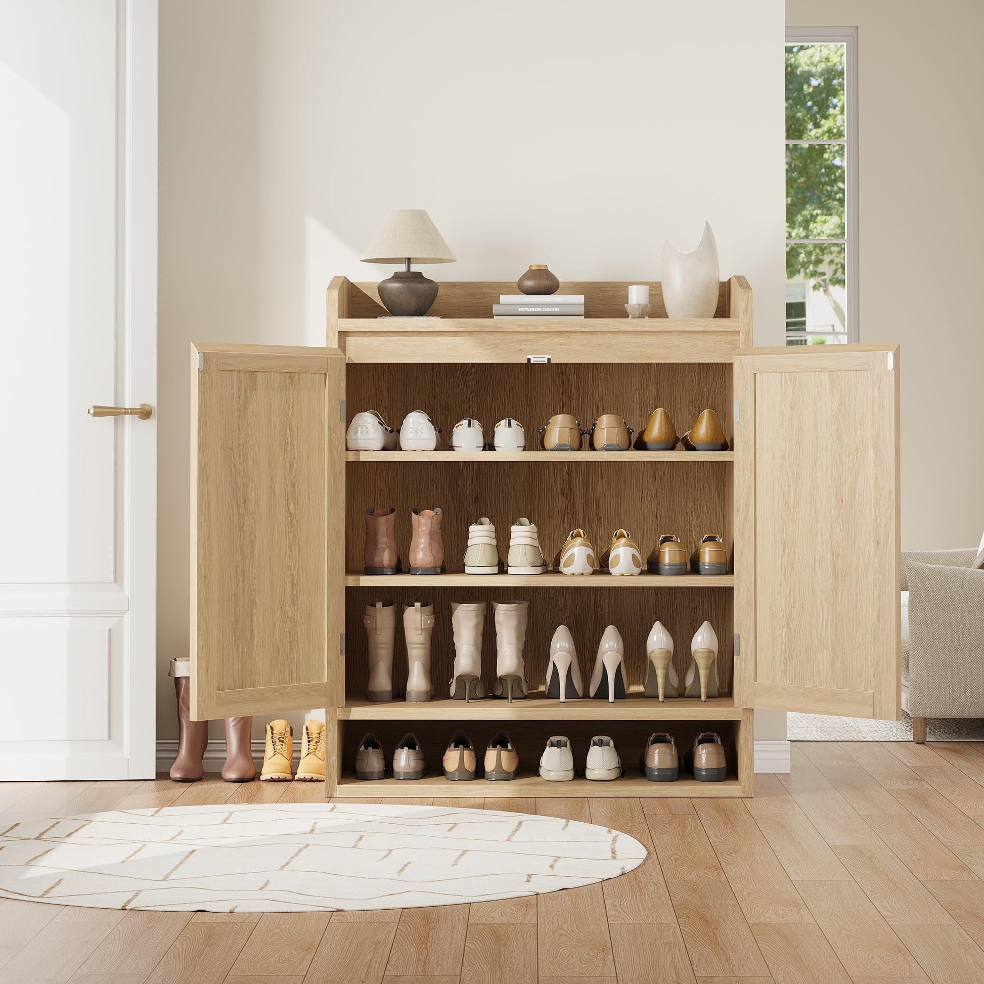 Garvee, moderno portascarpe in rattan con ripiani regolabili, in legno MDF, antipolvere per corridoio e soggiorno, 80,01 cm L x 40,01 cm W x 100,08 cm H, marrone boho e rustico