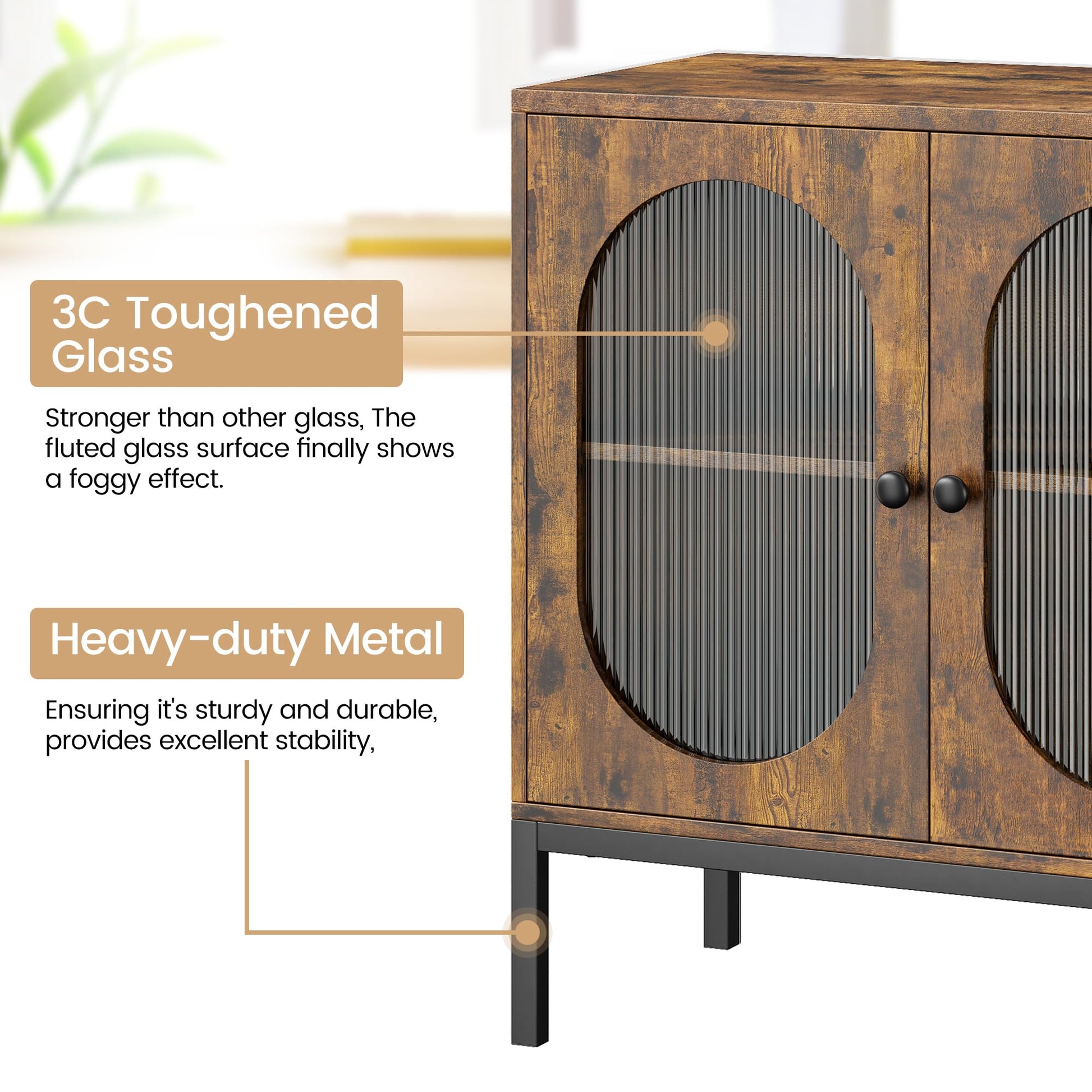 Credenza Garvee da 31'' con frontale in vetro e ripiano regolabile per soggiorno e cucina, marrone rustico