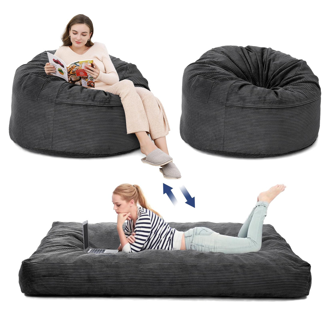 Garvee Grande Pouf Letto in Velluto a Coste 2 in 1, Pieghevole, Lavabile, Grigio Scuro, Soggiorno, Camera da Letto