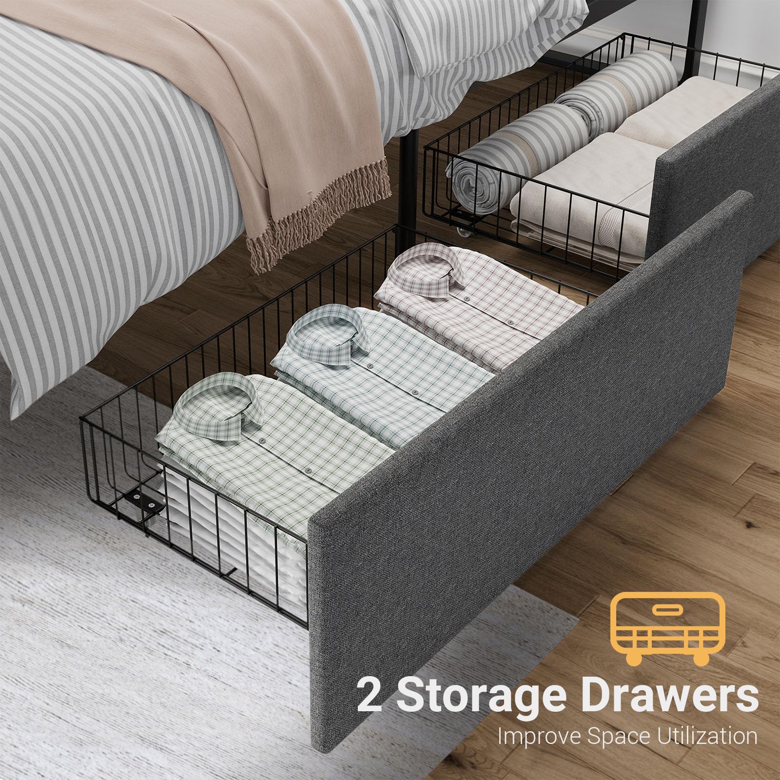 Letto matrimoniale Garvee con testiera, 2 cassetti, doghe in metallo, silenzioso, tessuto in lino grigio, camera da letto