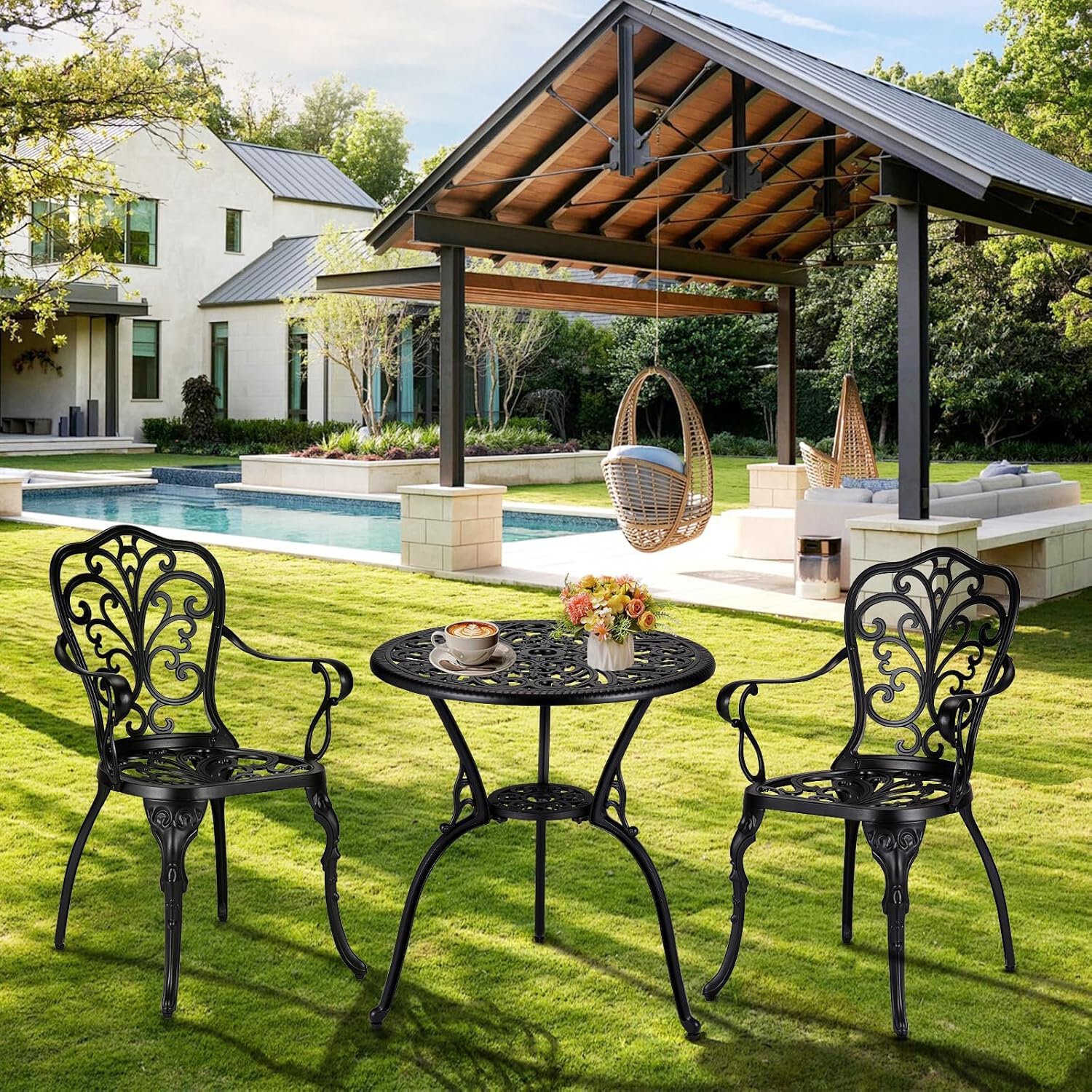Set da bistrot da esterno Garvee da 3 pezzi, in alluminio, resistente alle intemperie, antiruggine, con foro per ombrellone, mobili da giardino per balcone, nero