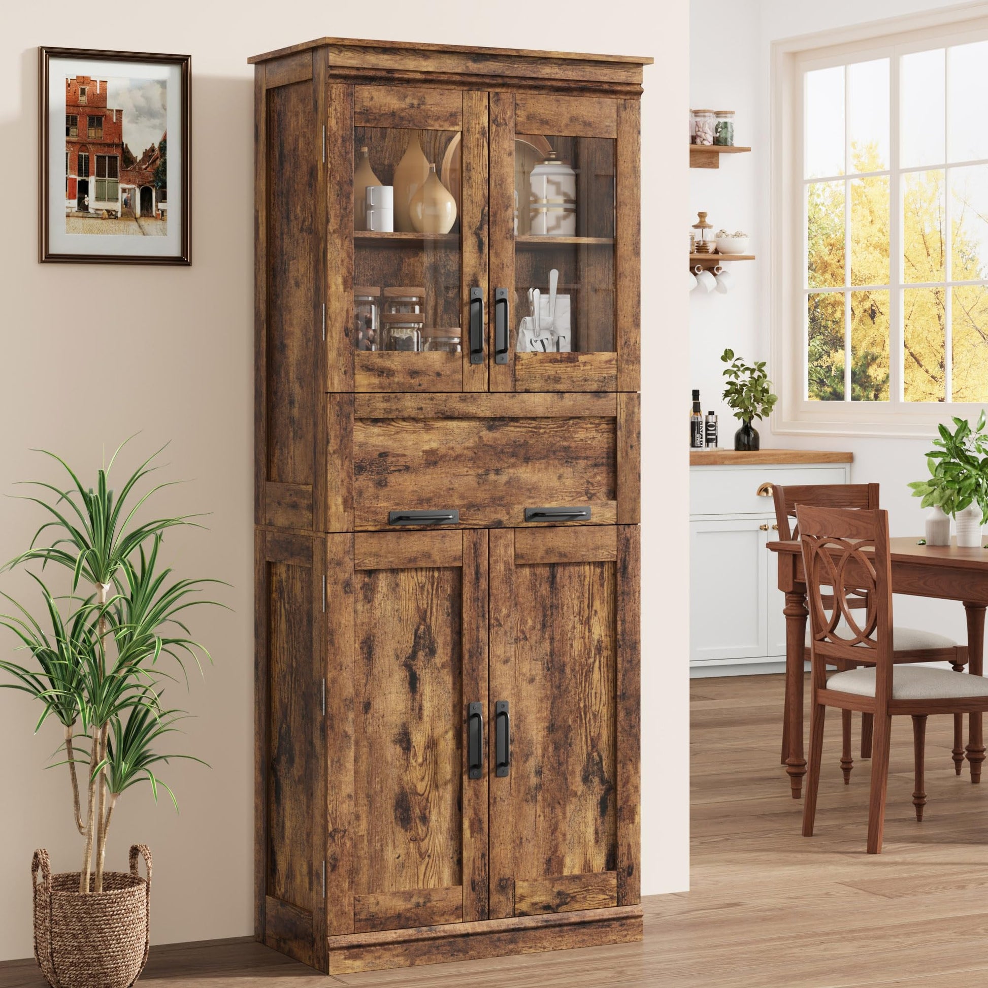 Mobiletto da bagno alto Garvee da 67" con 4 ante e cassetto in vetro per bagno e cucina, ripiani regolabili, marrone rustico, MDF, robusto e moderno