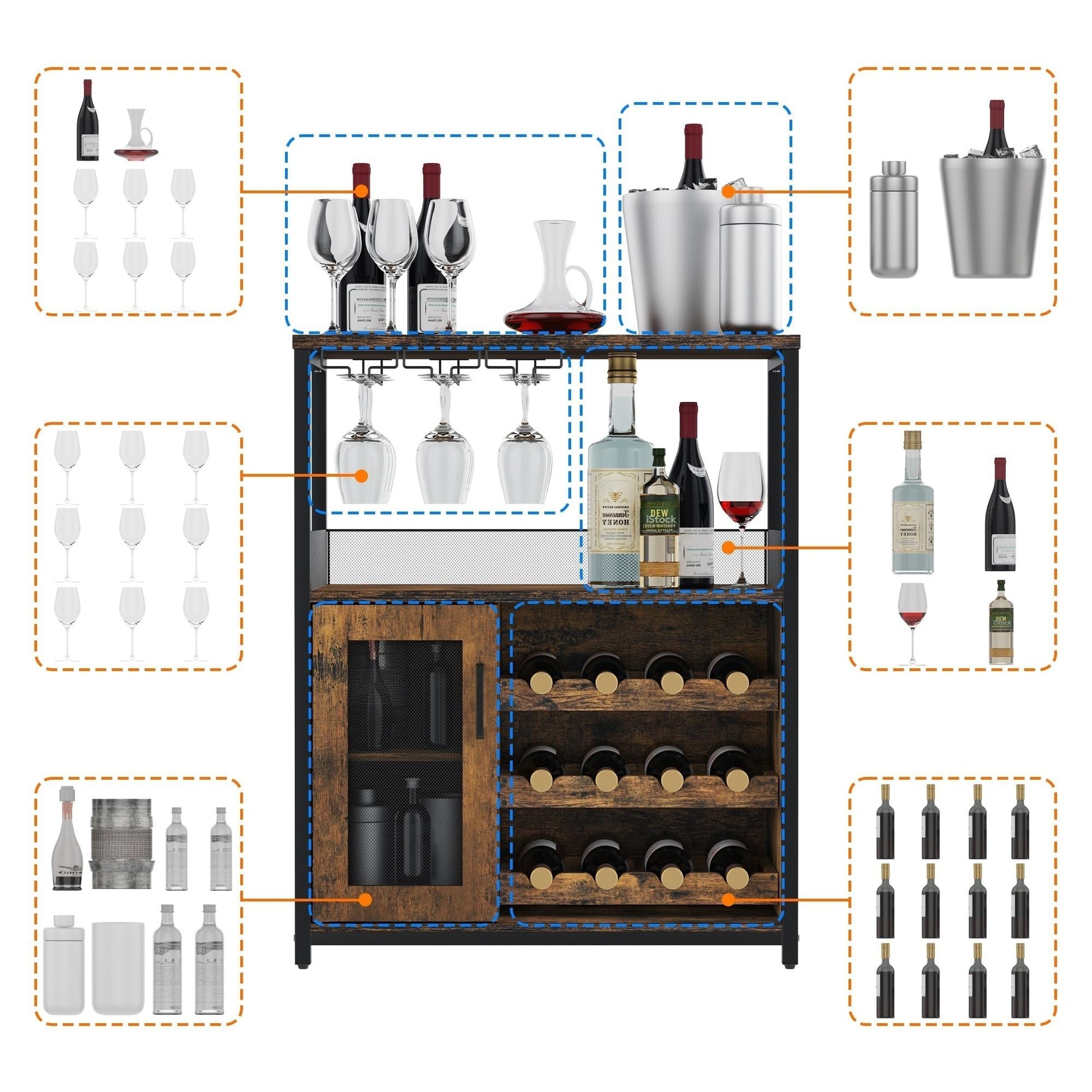 Mobile bar per vino Garvee a 3 ripiani con portabottiglie rimovibile, portabicchieri e porta a rete per cucina e soggiorno, 27,2"L x 13,8"P x 36,2"A, MDF e ferro, versatile