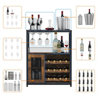 Mobile bar per vino Garvee a 3 ripiani con portabottiglie rimovibile, portabicchieri e porta a rete per cucina e soggiorno, 27,2"L x 13,8"P x 36,2"A, MDF e ferro, versatile