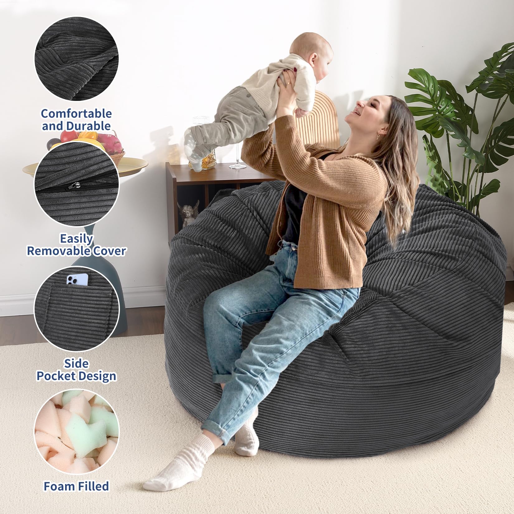 Garvee Grande Pouf Letto in Velluto a Coste 2 in 1, Pieghevole, Lavabile, Grigio Scuro, Soggiorno, Camera da Letto
