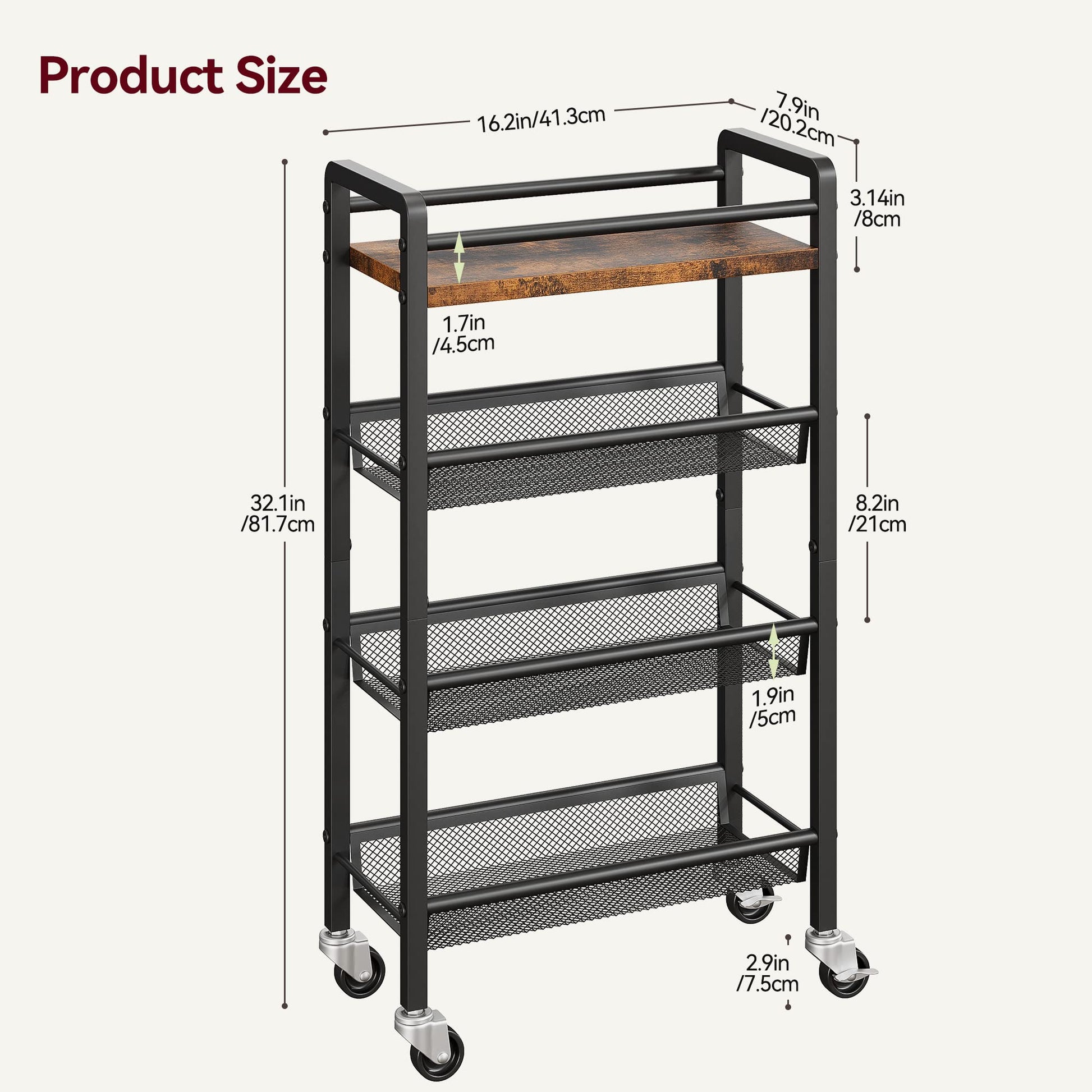 Garvee Chariot De Rangement À 4 Niveaux Mit Paniers Extractibles Und Roulettes Für Küche und Service, 41.3x20.2x81.7 cm, Braun Schwarz