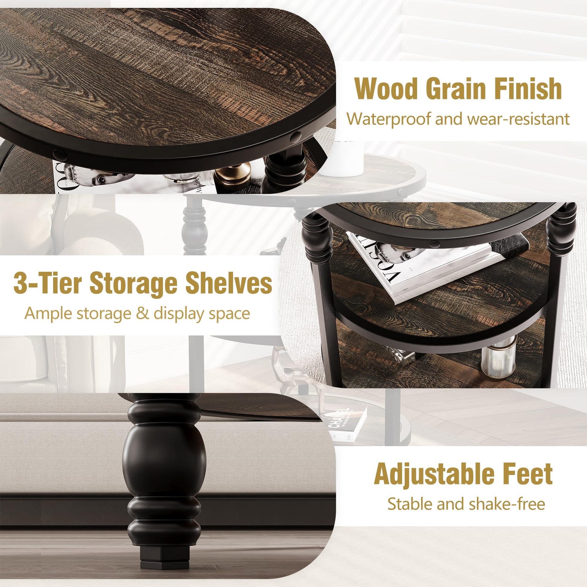 Tavolino rotondo Garvee con 3 ripiani, struttura in acciaio, rovere scuro per soggiorno e camera da letto, 46,5 x 46,5 x 60 cm, resistente e antigraffio