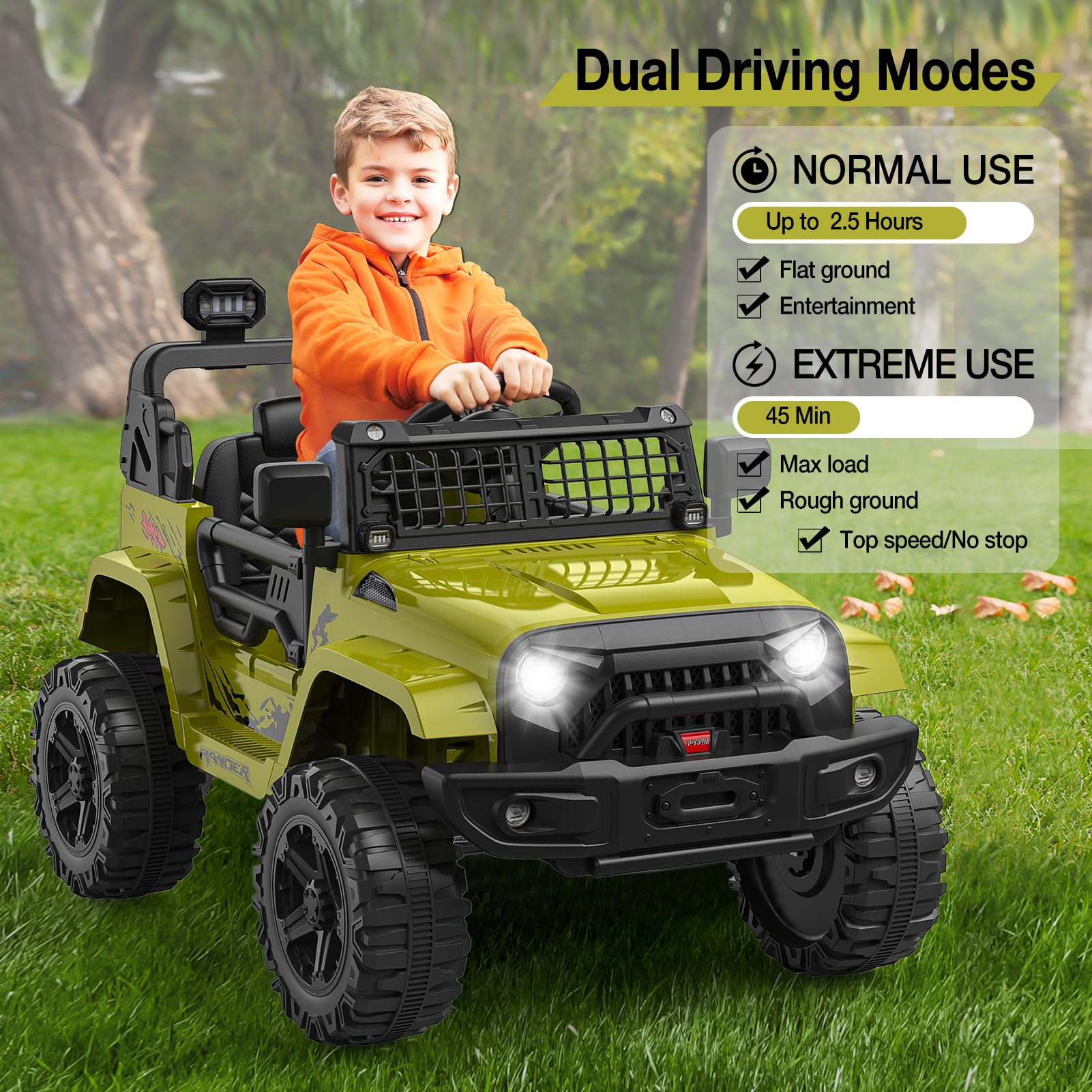 Garvee 12V Kids Electric Off-Road Car Green con telecomando e Bluetooth – SUV robusto per bambini e bambine dai 3 anni in su
