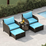 Set Mobili Giardino Garvee 5 Pezzi Rattan Blu Cielo, 2 Poltrone + Sgabello, Tavolo, Resistente, Balcone Esterni - /Europe + Rattan Brown Gradient + Sky Blue Fabric