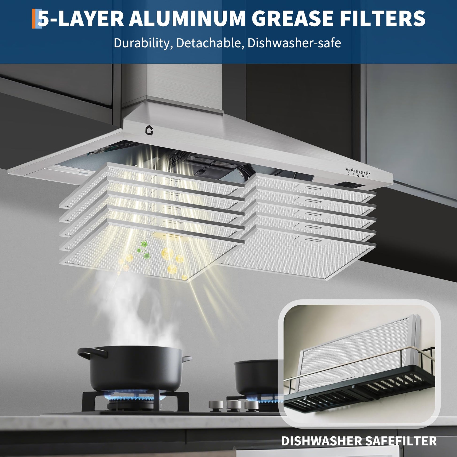 Cappa aspirante Garvee da 76.2 cm con filtro in alluminio per cucina, 250 CFM, touch e telecomando, silenziosa, convertibile, argento