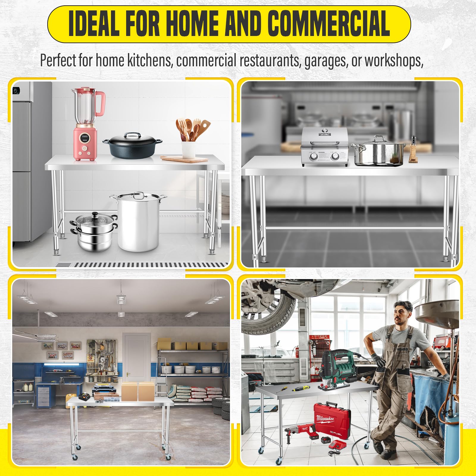 Tavolo da lavoro in acciaio inossidabile Garvee 36x24 pollici Design robusto Base aperta Mobile e fisso per cucina e ristorante Argento