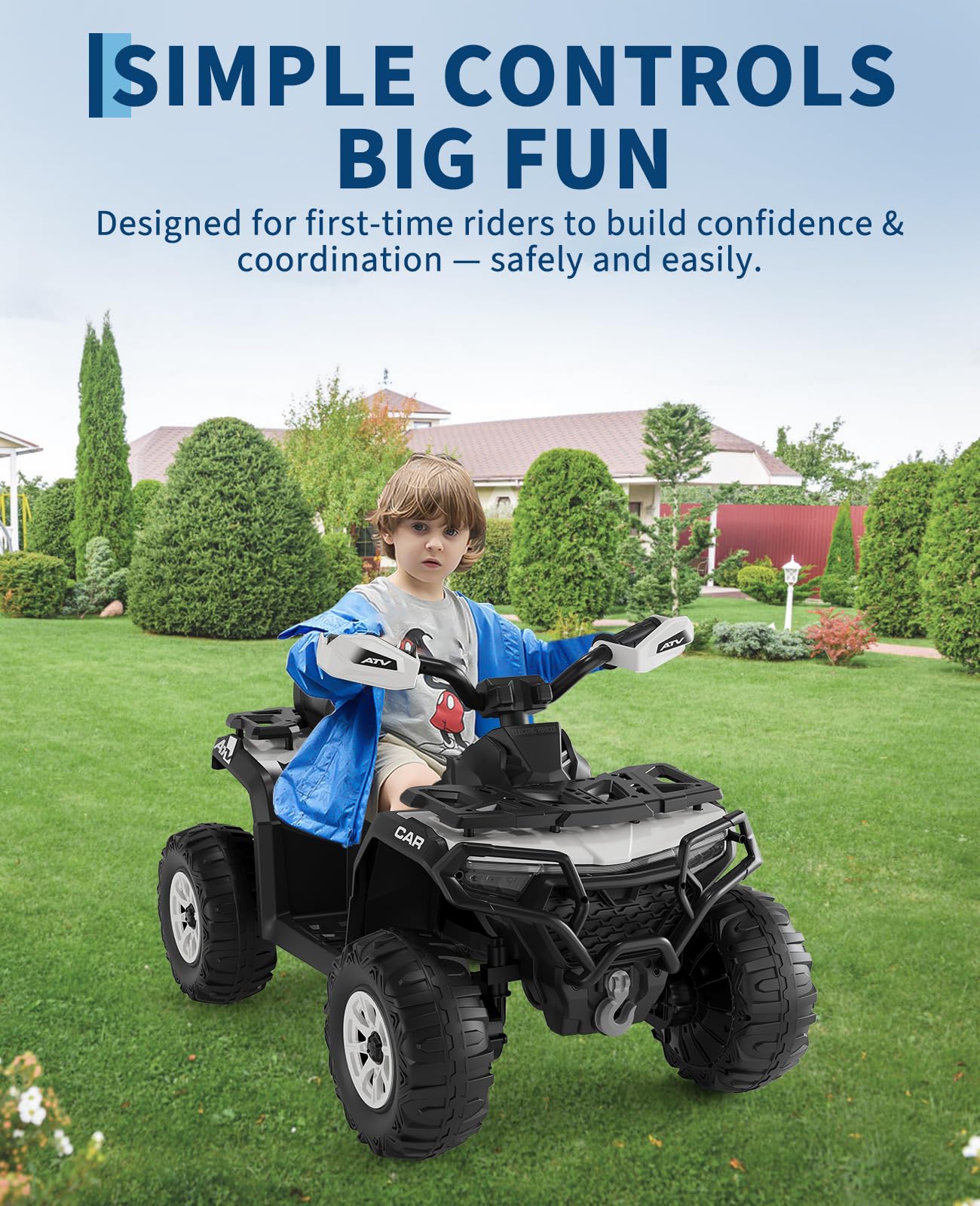 Quad elettrico per bambini Garvee 12V, colore argento, con telecomando, musica a LED per guida fuoristrada, dai 3 anni in su