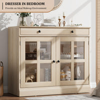 Credenza Garvee da 35,4" con anta in vetro, ripiani regolabili, chiusura ammortizzata, rovere, per sala da pranzo e cucina, struttura robusta, facile da montare