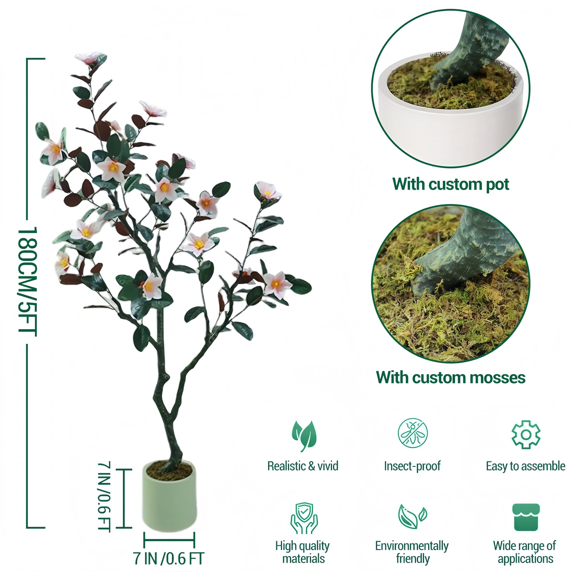 Albero di magnolia artificiale Garvee da 6 piedi con fiori e foglie in fiore, vaso robusto per soggiorno ufficio, verde