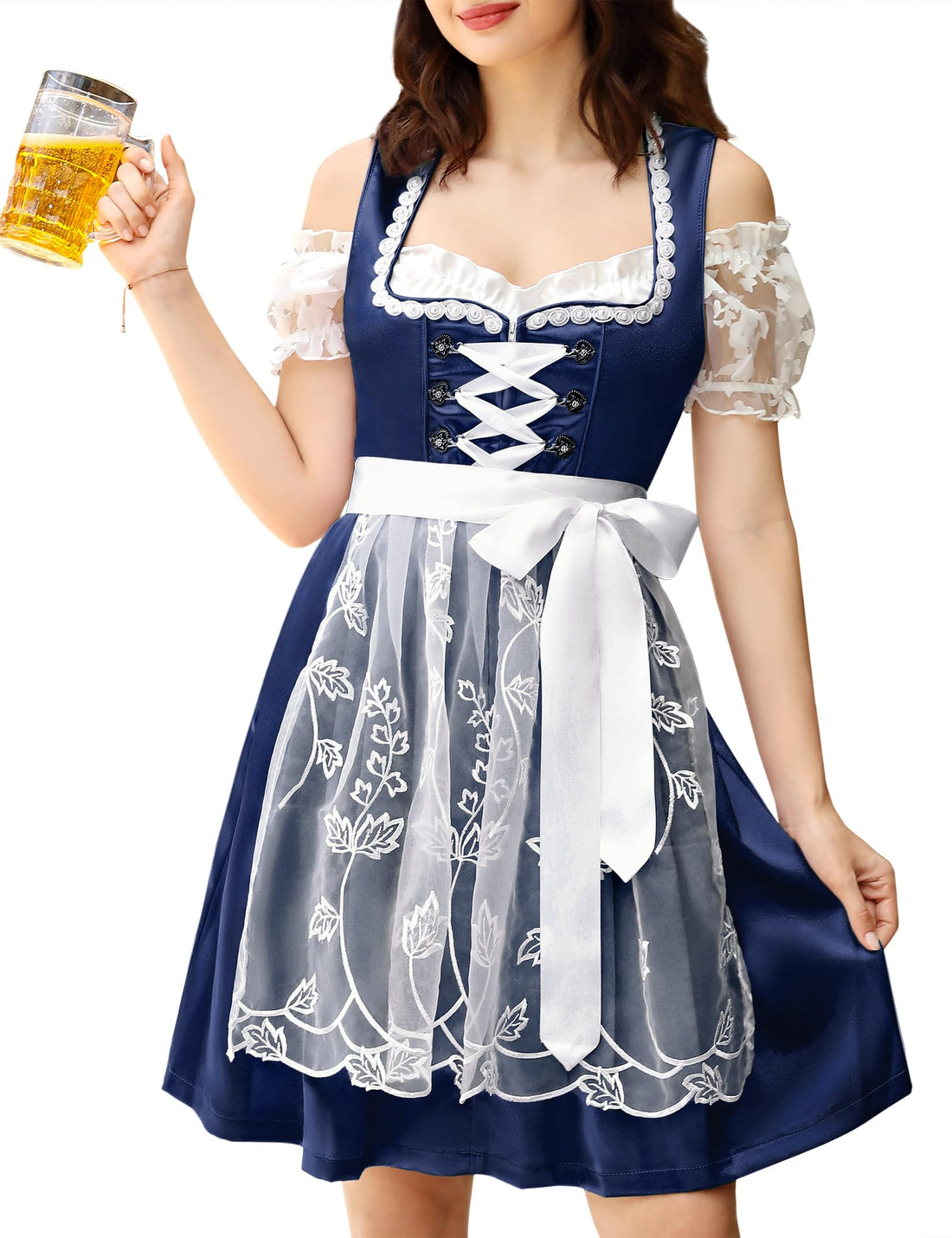 Garvee Dirndl da donna, set completo Dirndl midi da 3 pezzi, abbigliamento tradizionale con grembiule, camicetta, vestito, blu scuro, taglie 34-48