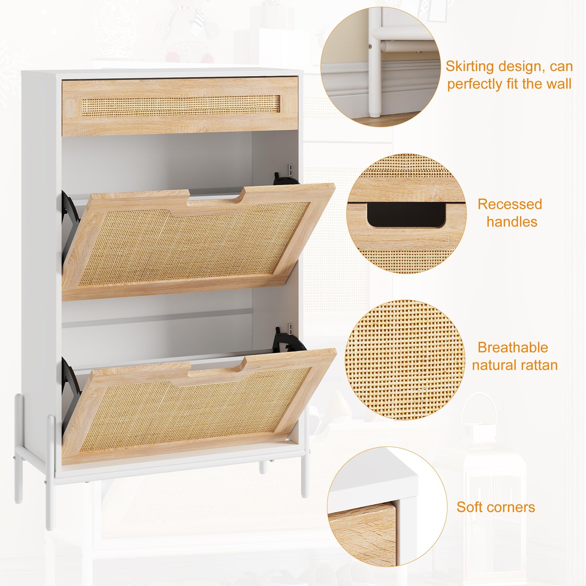 Scarpiera in rattan naturale Garvee con 2 ante a ribalta, cassetto, ripiani regolabili, bianco e rovere per corridoio e ingresso