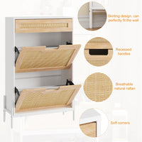 Scarpiera in rattan naturale Garvee con 2 ante a ribalta, cassetto, ripiani regolabili, bianco e rovere per corridoio e ingresso