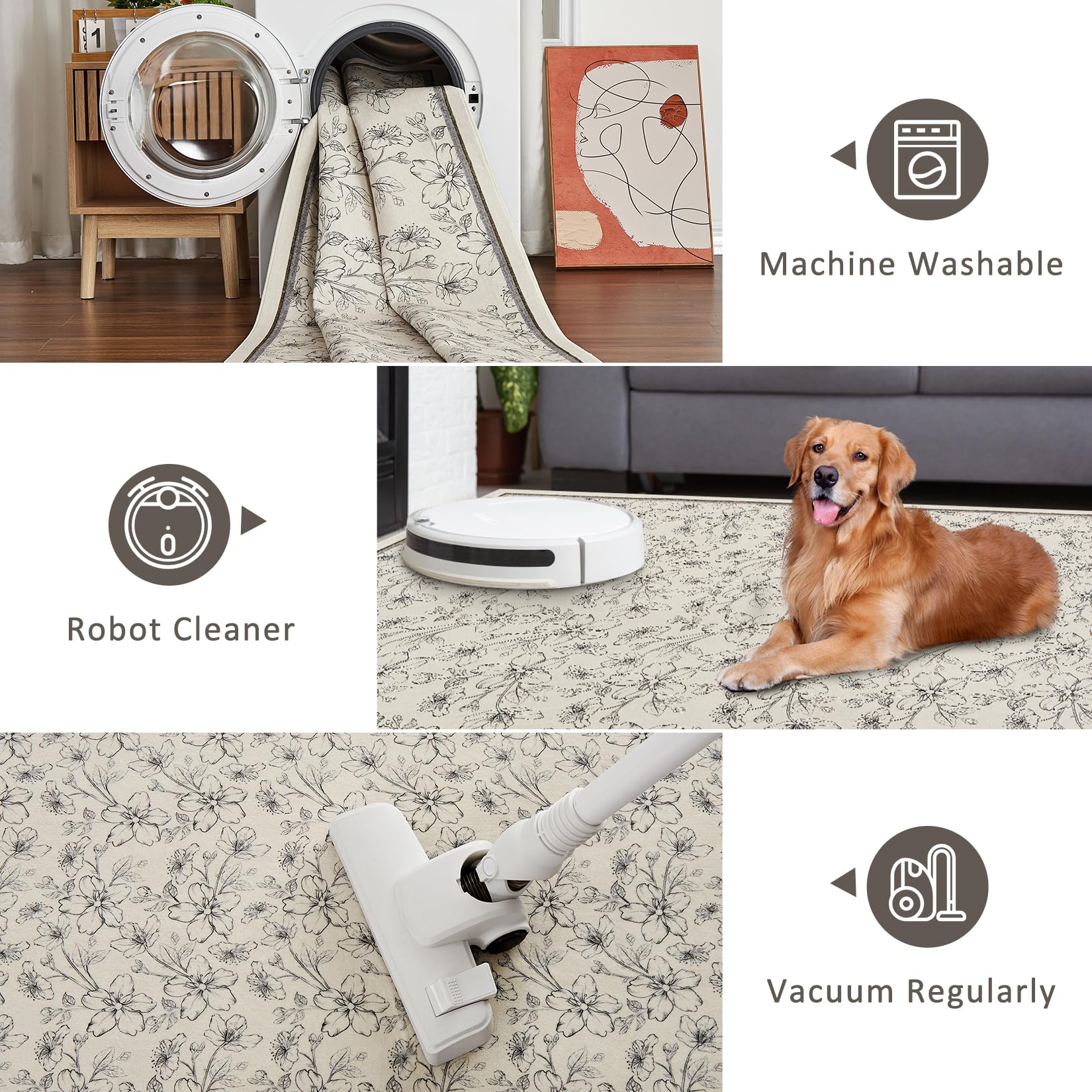 Tappeto per soggiorno Garvee 80x150 cm a pelo corto antiscivolo beige vintage floreale lavabile per cucina, cameretta, corridoio, sala da pranzo