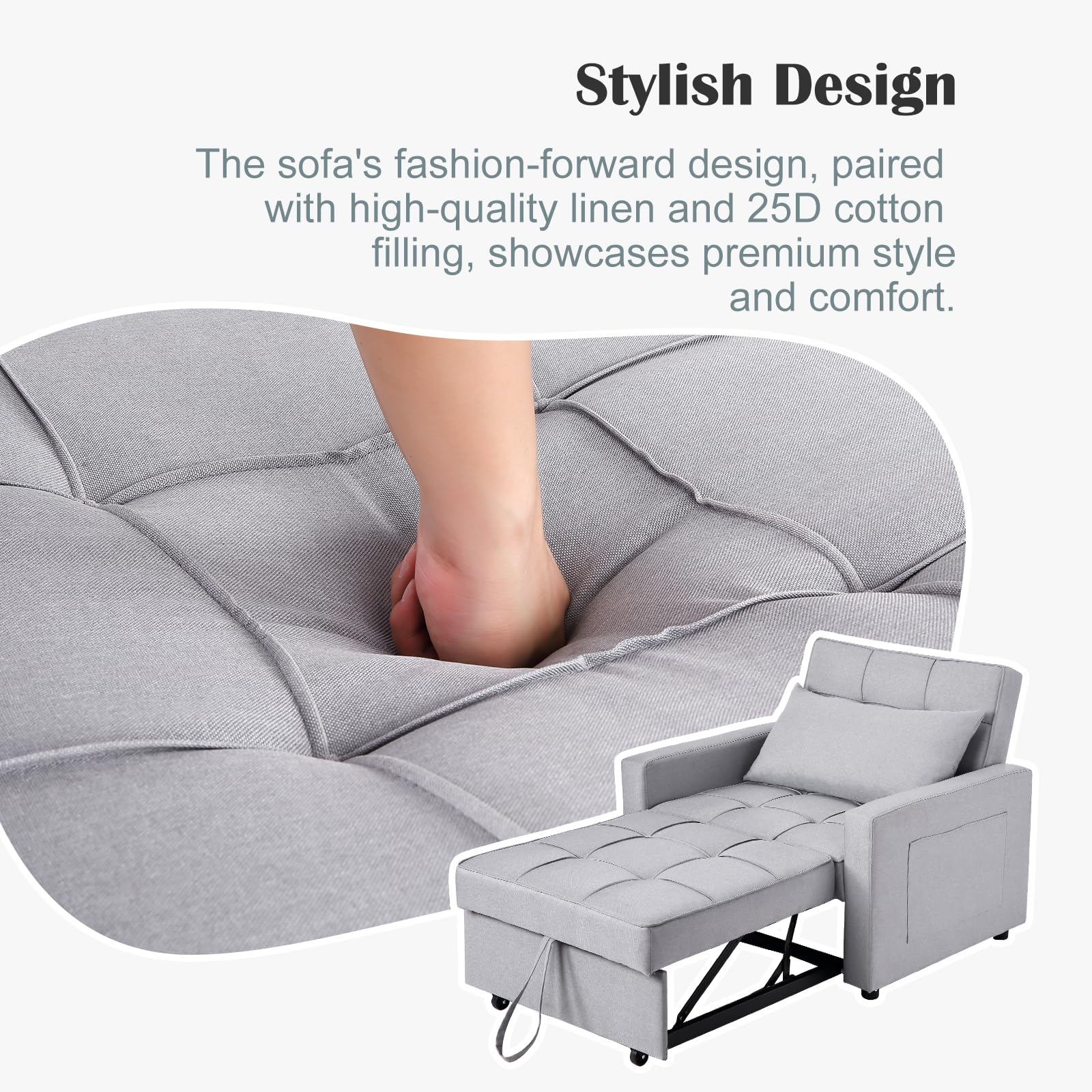 Divano letto/poltrona letto 3 in 1 Garvee con funzione letto, tessuto di lino, salvaspazio, 192 x 96 x 59 cm, grigio