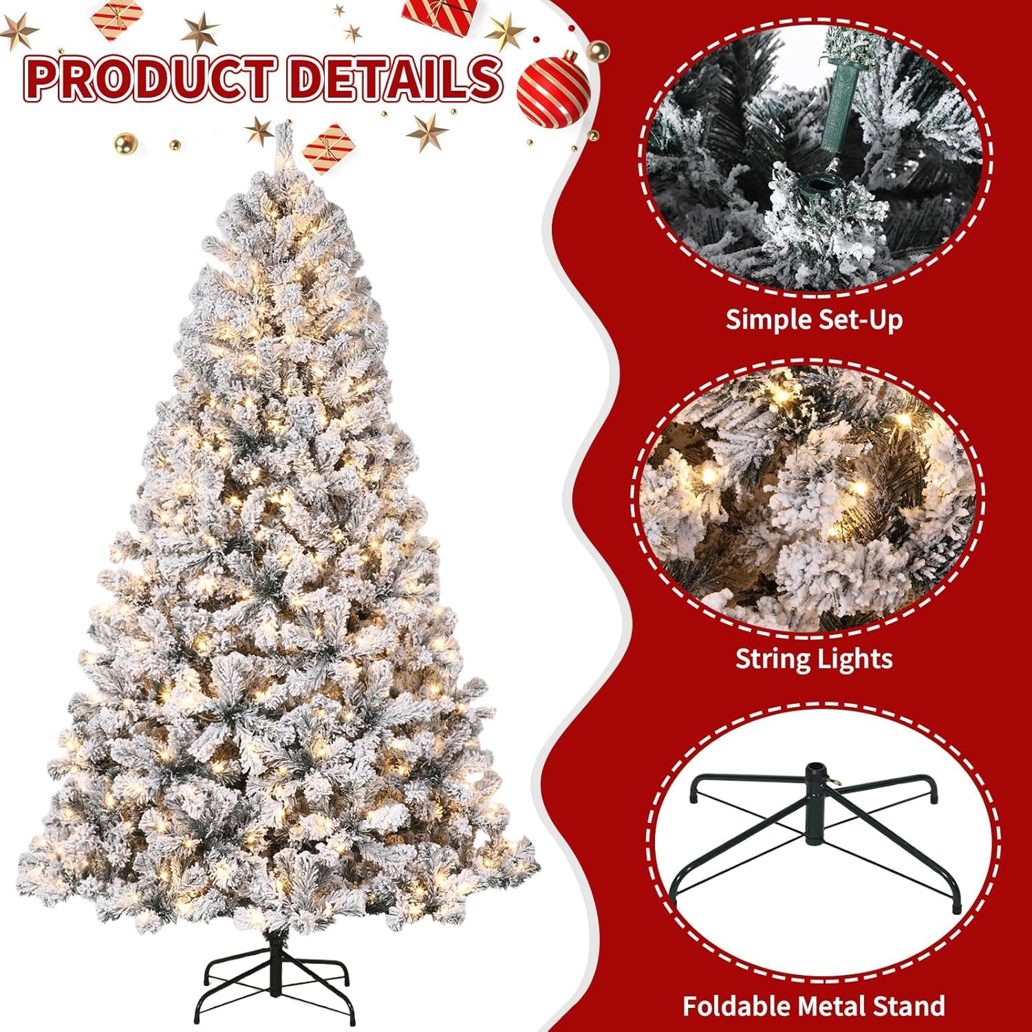 Albero di Natale Artificiale Garvee 137 cm con Effetto Brina e Luci Bianche Calde per Decorazioni Invernali Festive in Soggiorno