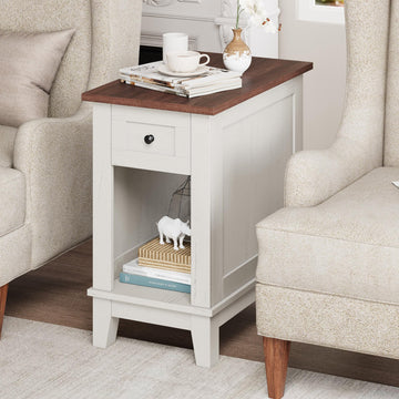 Tavolino laterale stretto Garvee con stazione di ricarica, 2 porte USB e 2 porte CA, in legno MDF per soggiorno e camera da letto, robusto, spazio di archiviazione, colori del legno