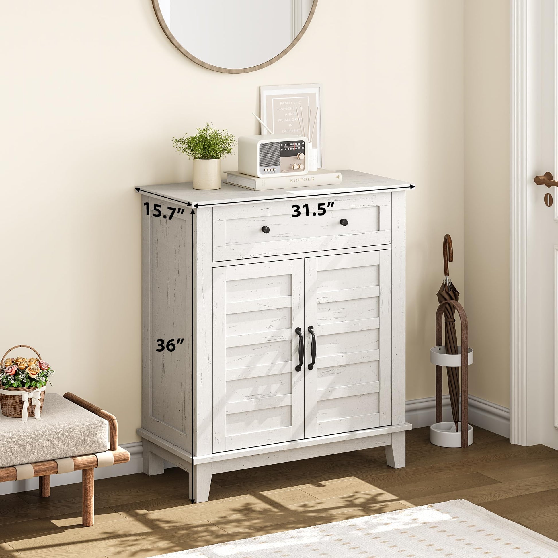 Mobiletto portaoggetti Garvee Farmhouse, ripiano regolabile a 3 livelli, 7 marce, bianco, per cucina e corridoio, 15,7x31,5x36 pollici, rustico