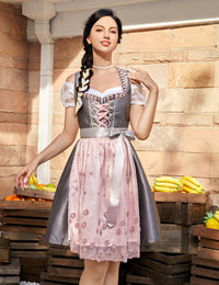Abito tradizionale da donna Garvee Dirndl midi grigio-rosa taglia 34 - Abito tre pezzi camicetta grembiule