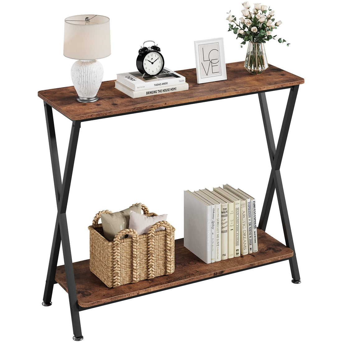 Tavolo consolle stretto Garvee in stile rustico, struttura a X in legno e metallo, soggiorno e corridoio, 31,4"L x 11,8"W x 31,8"H, nero