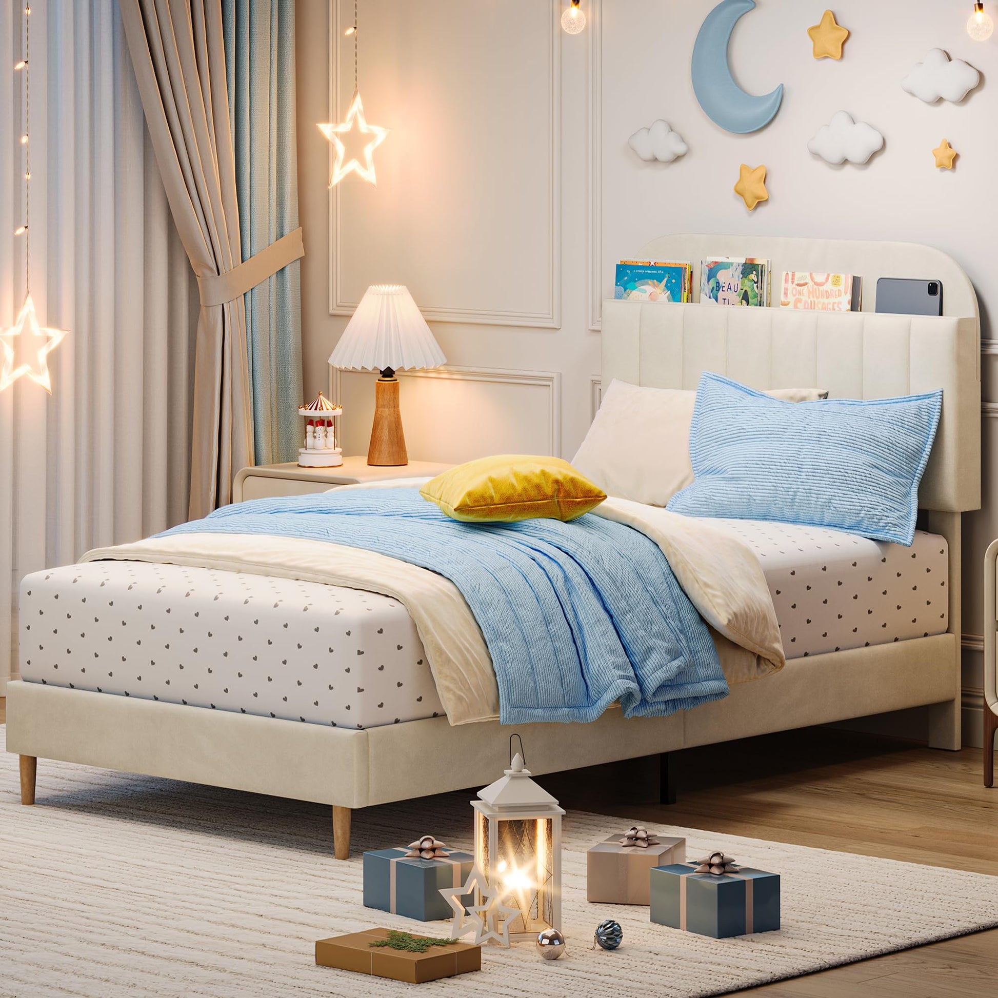 Struttura per letto singolo Garvee con rivestimento in velluto e testiera a libreria per cameretta dei bambini, bianco crema, gambe in acciaio robuste, silenzioso, facile da montare