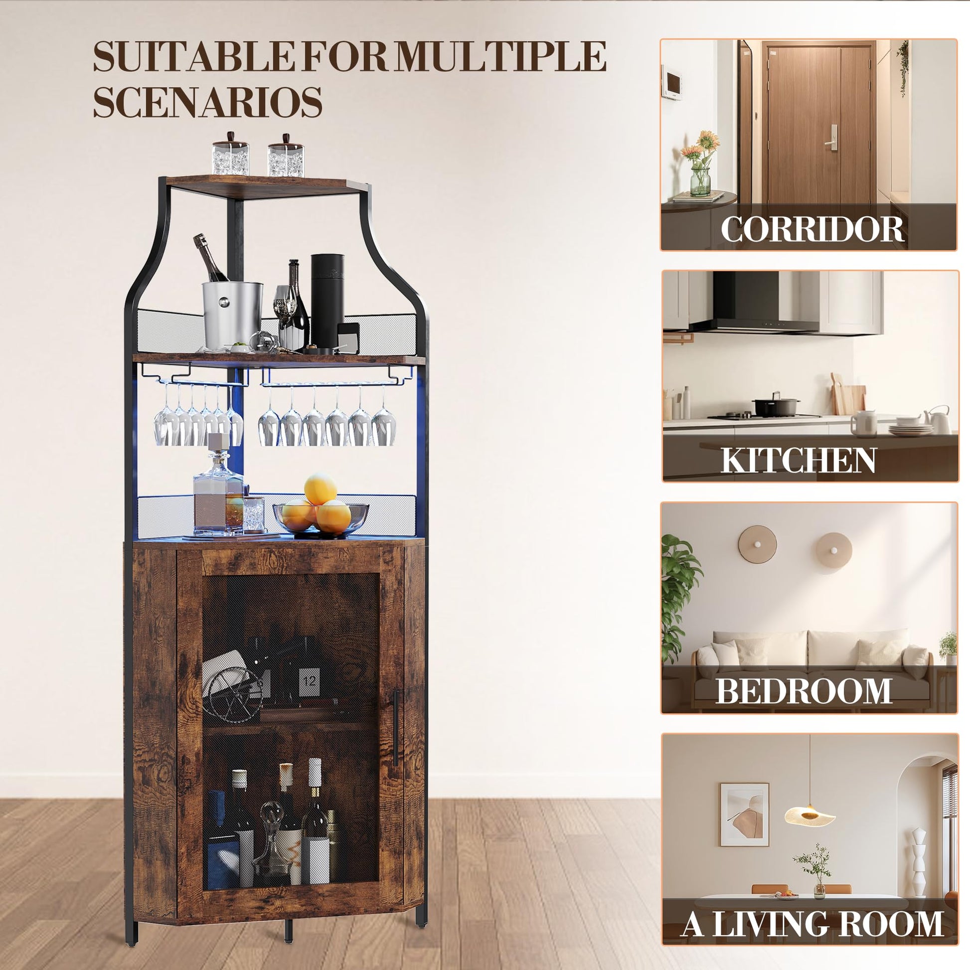 Mobile bar angolare Garvee per liquori con ripiani regolabili, 61 pollici, stile industriale, MDF e metallo, porta a rete, porta bicchieri, indipendente, cucina e soggiorno