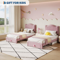 Struttura per letto singolo imbottita Garvee con contenitore e testiera a conchiglia per cameretta dei bambini, rosa, cassetto 25,6" x 16,9", spazio sottoletto 6,3"
