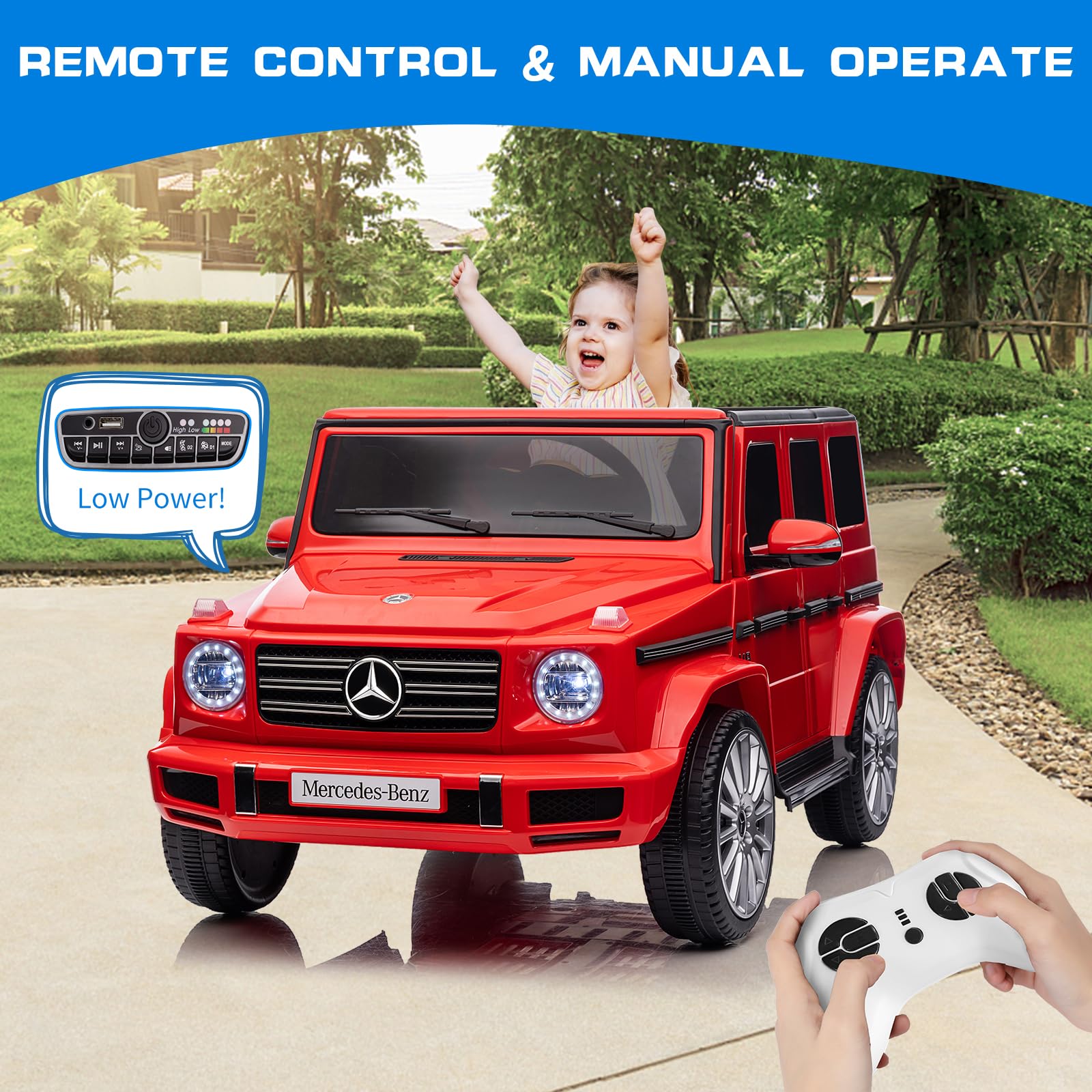 GARVEE Auto elettrica per bambini, veicolo elettrico da 12 V, auto elettrica con telecomando, 3 velocità, clacson, LED, musica, USB, MP3, Bluetooth, per ragazzi e ragazze (rosso)