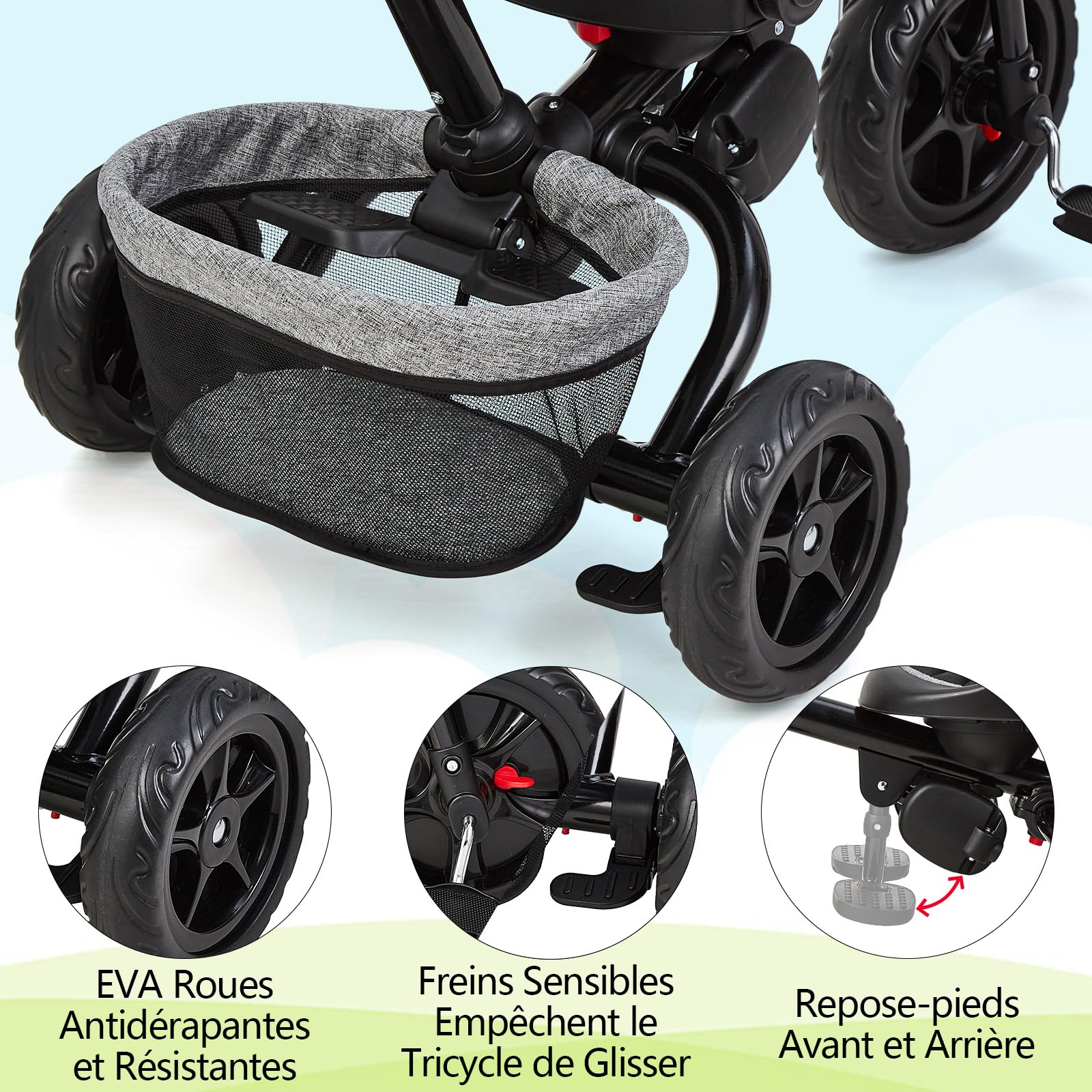 Triciclo per bambini Garvee scalabile 6 in 1, bicicletta per bambini con sedile reversibile per sole e pedali, grigio, da 10 mesi a 5 anni