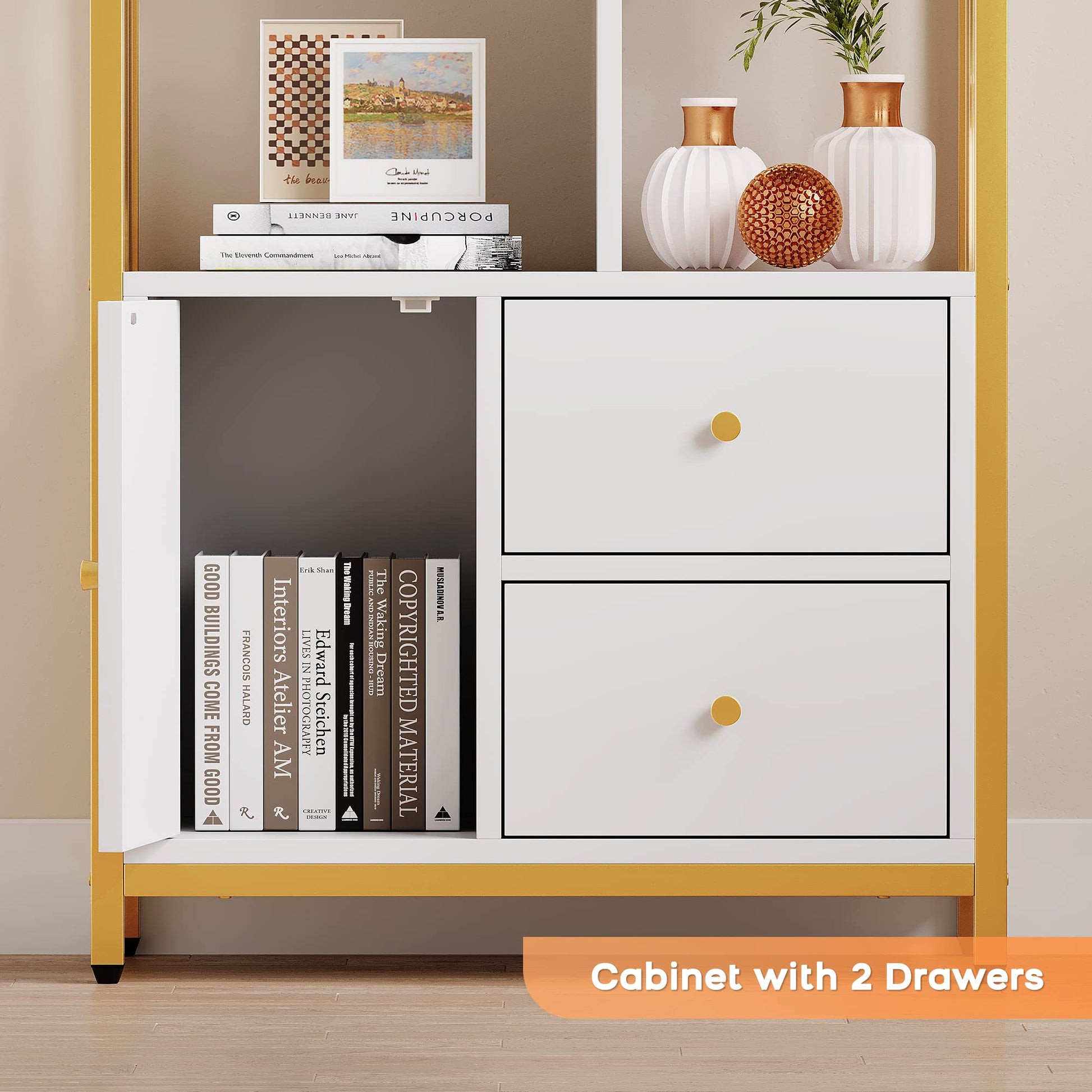Libreria Garvee a 4 ripiani con 3 cassetti, oro e bianco, struttura in metallo per soggiorno e ufficio, design moderno, piedini regolabili