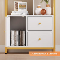 Libreria Garvee a 4 ripiani con 3 cassetti, oro e bianco, struttura in metallo per soggiorno e ufficio, design moderno, piedini regolabili