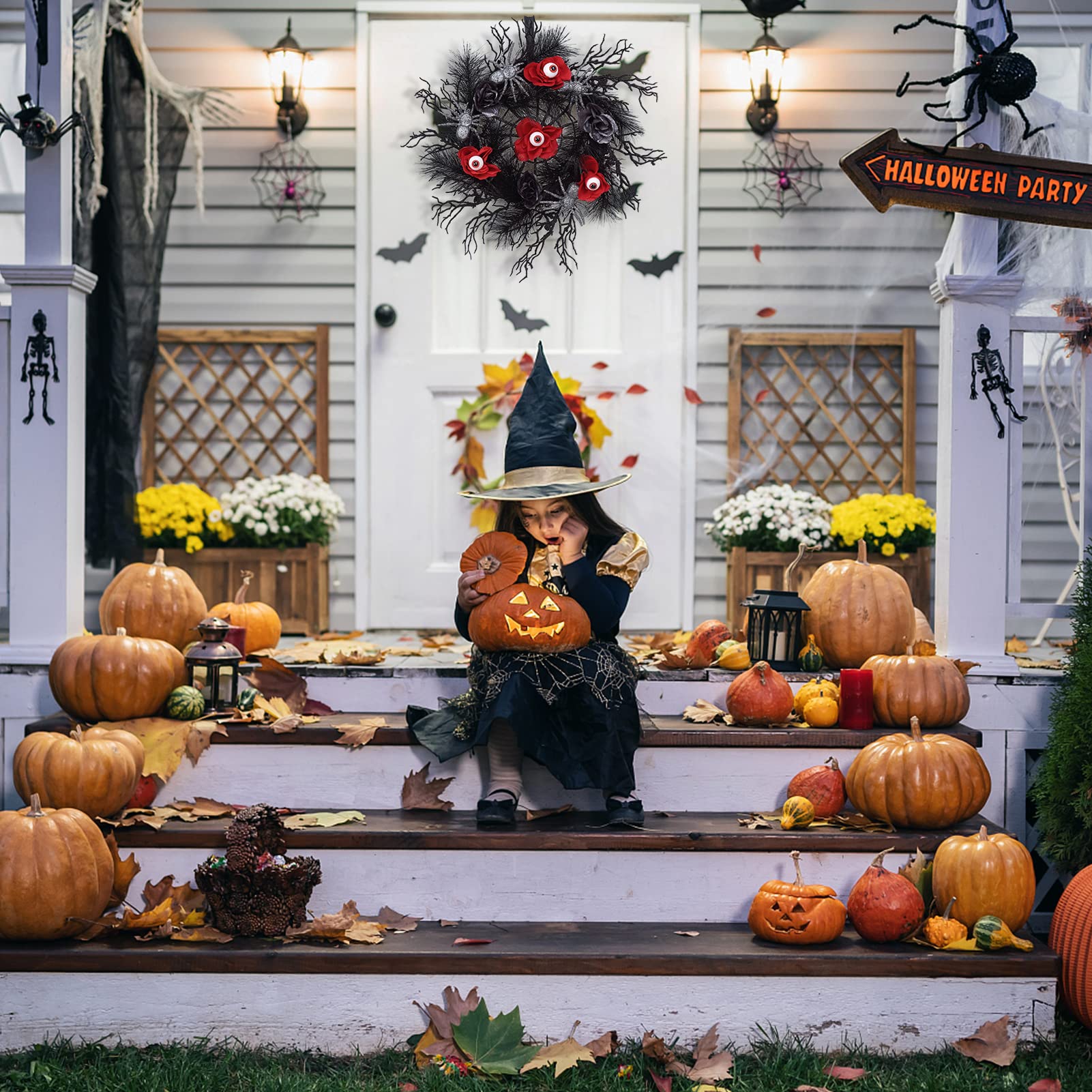 Ghirlanda per porta di Halloween Garvee da 18 pollici con ragni glitterati, rose rosse e nere, rattan nero naturale per uso interno ed esterno, 45 cm, nero