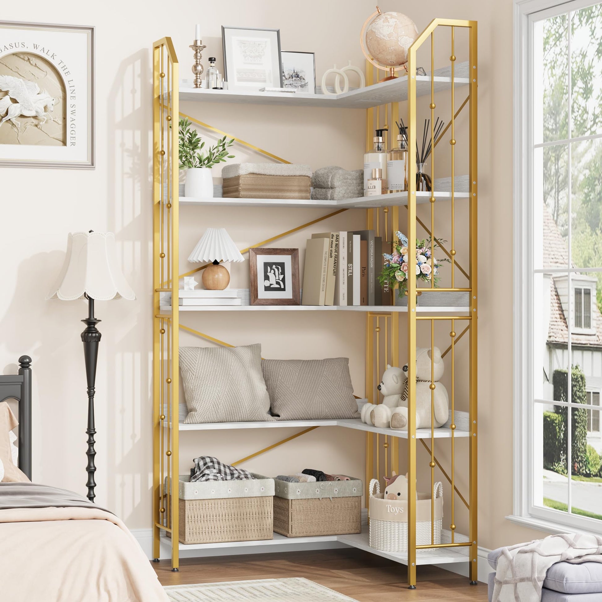 Mensola angolare Garvee da 72" a forma di L, libreria industriale in metallo e MDF, soggiorno, camera da letto, nero