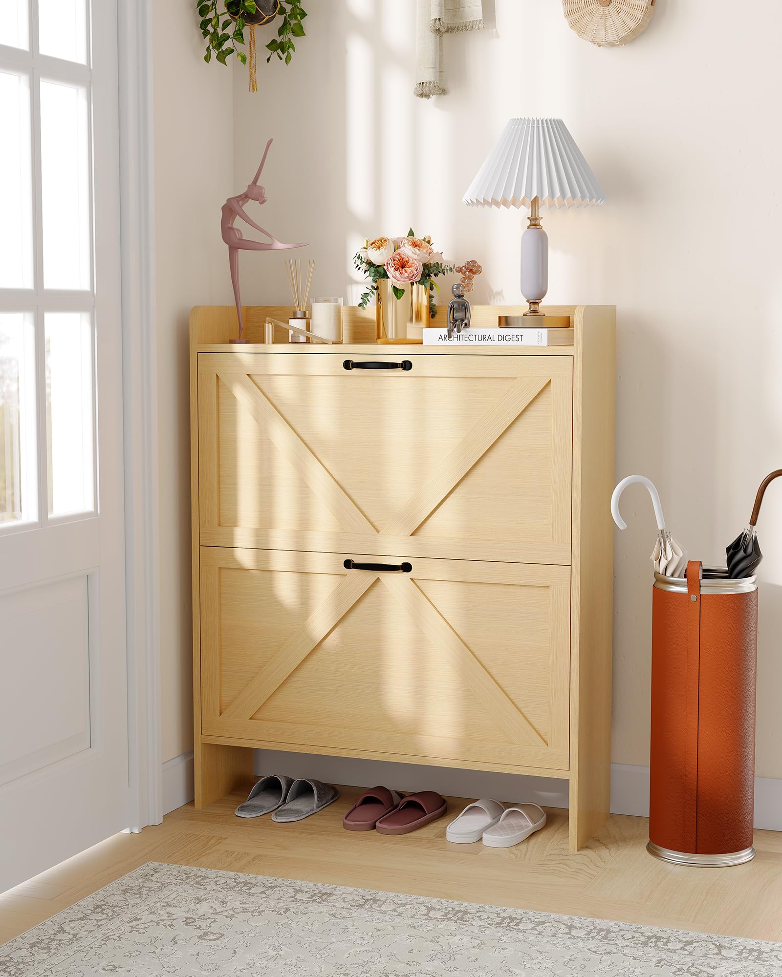 Garvee Scarpiera con 2 cassetti pieghevoli, marrone rustico, per corridoio e ingresso, resistente, salvaspazio, in legno