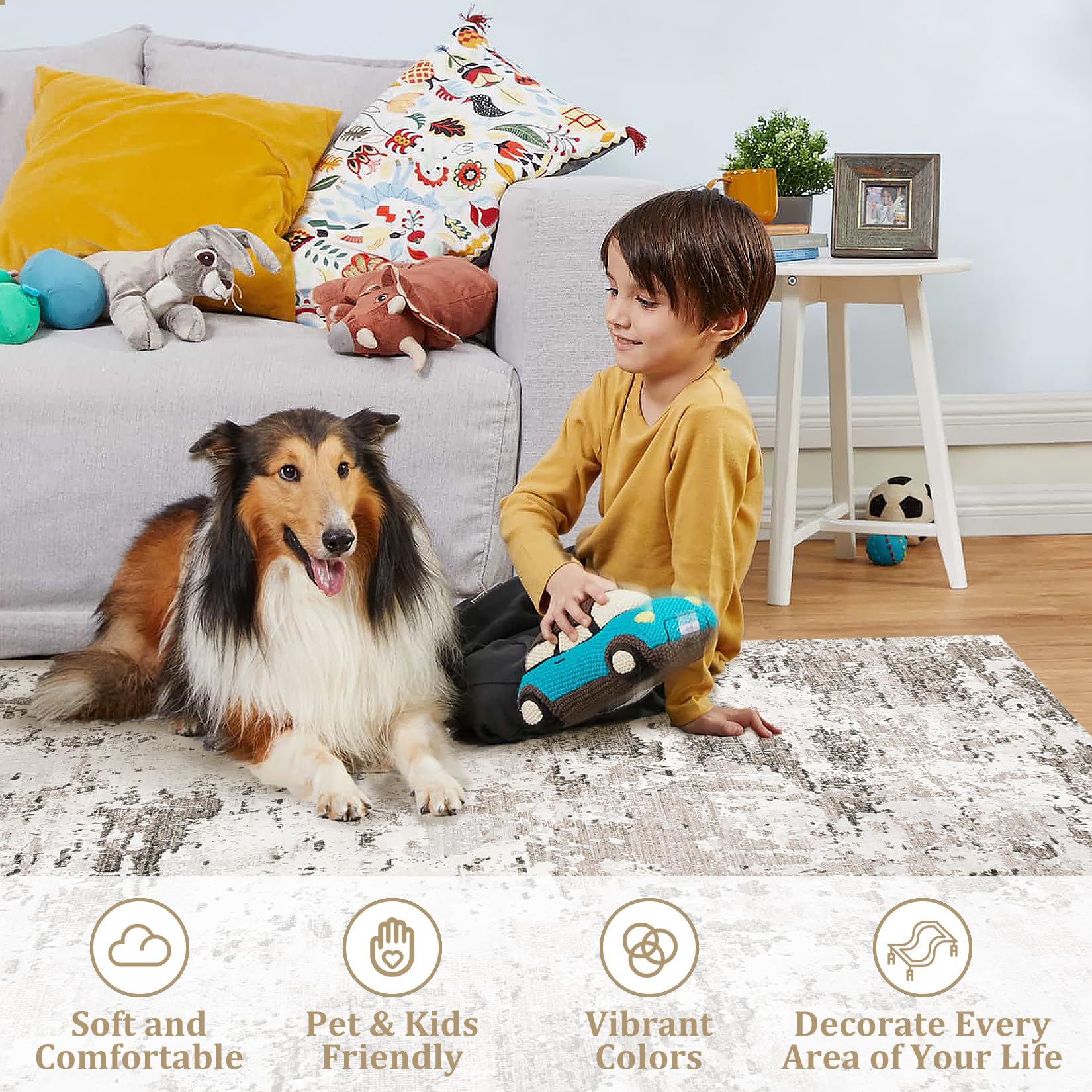 Tappeto moderno astratto Garvee 200x290cm, antiscivolo, lavabile in lavatrice, a pelo corto, beige, per soggiorno e camera da letto