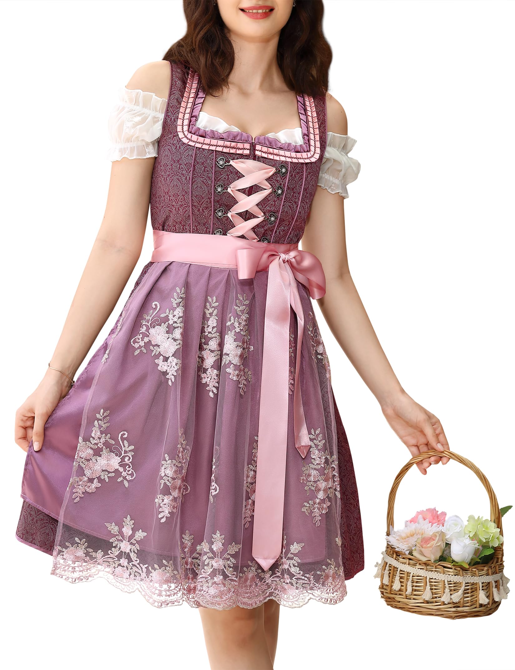 Garvee Dirndl - Abito tradizionale da donna, corto, midi, 3 pezzi, colore: Borgogna, taglia: 38