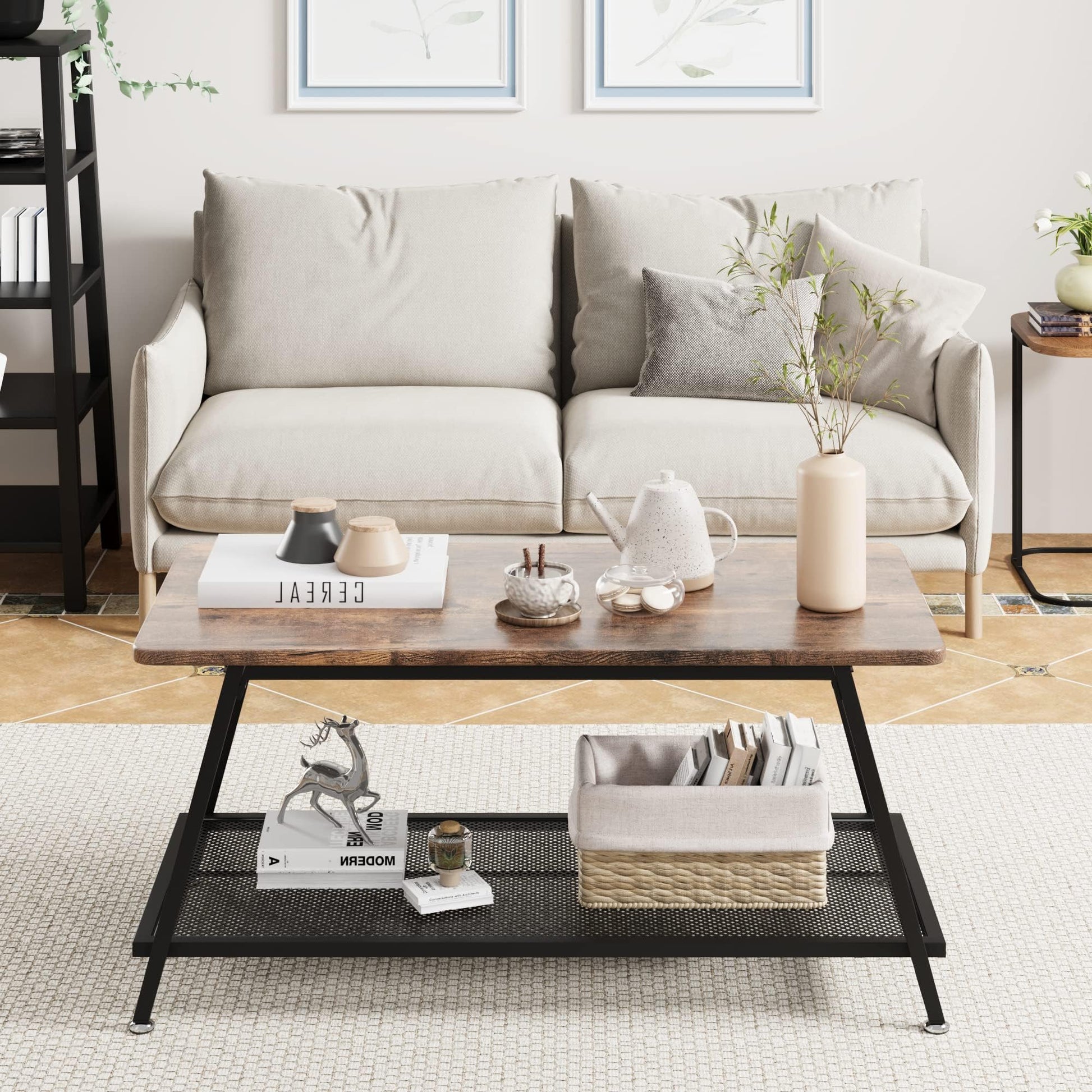 Tavolino da caffè in legno GARVEE, tavolino da soggiorno, tavolino con contenitore, tavolo moderno con struttura in acciaio e ripiano, tavolino da soggiorno, 100 x 50 x 46 cm