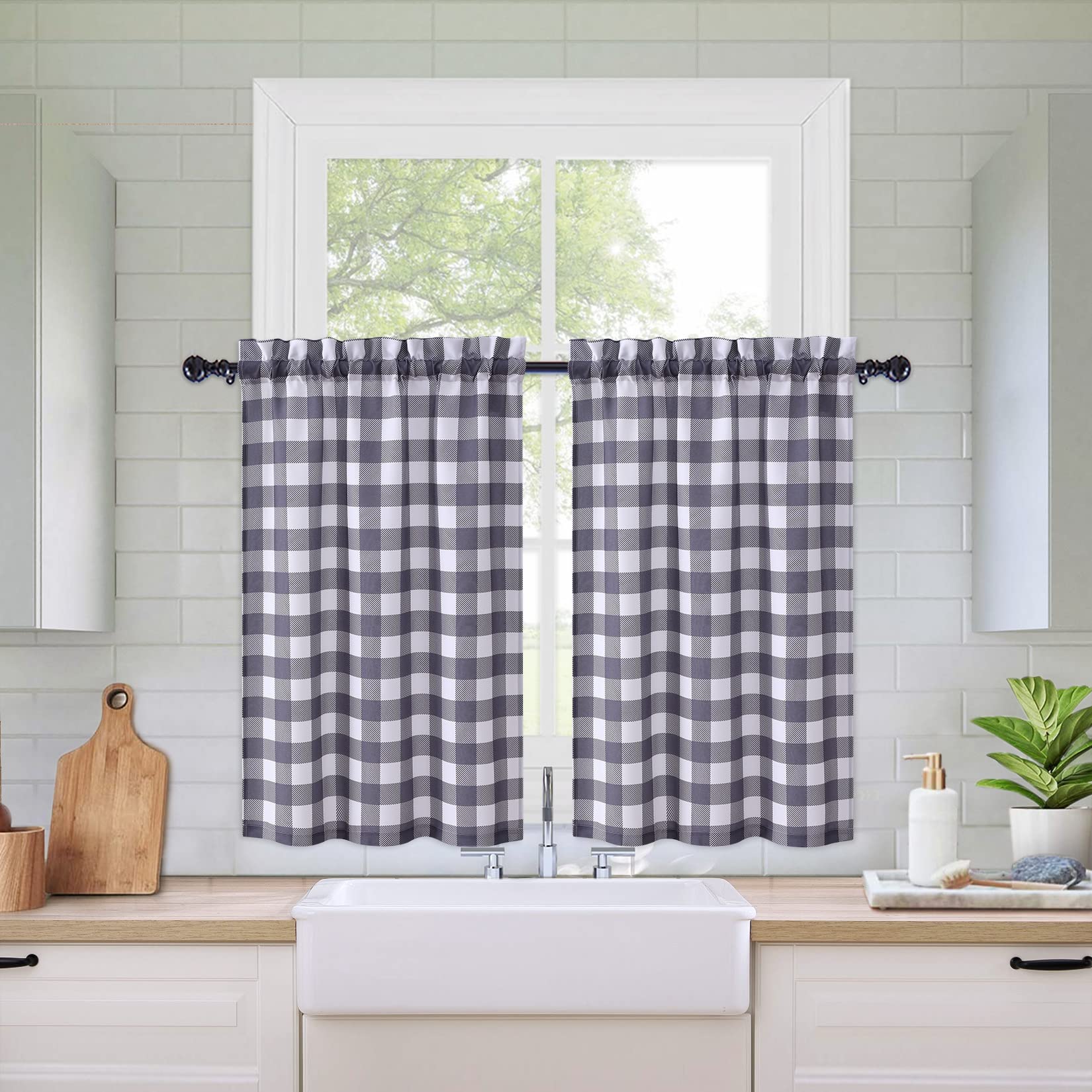 GARVEE Tende corte a quadri grigi Buffalo in poliestere impermeabile per cucina, bagno e soggiorno, 28"x24"