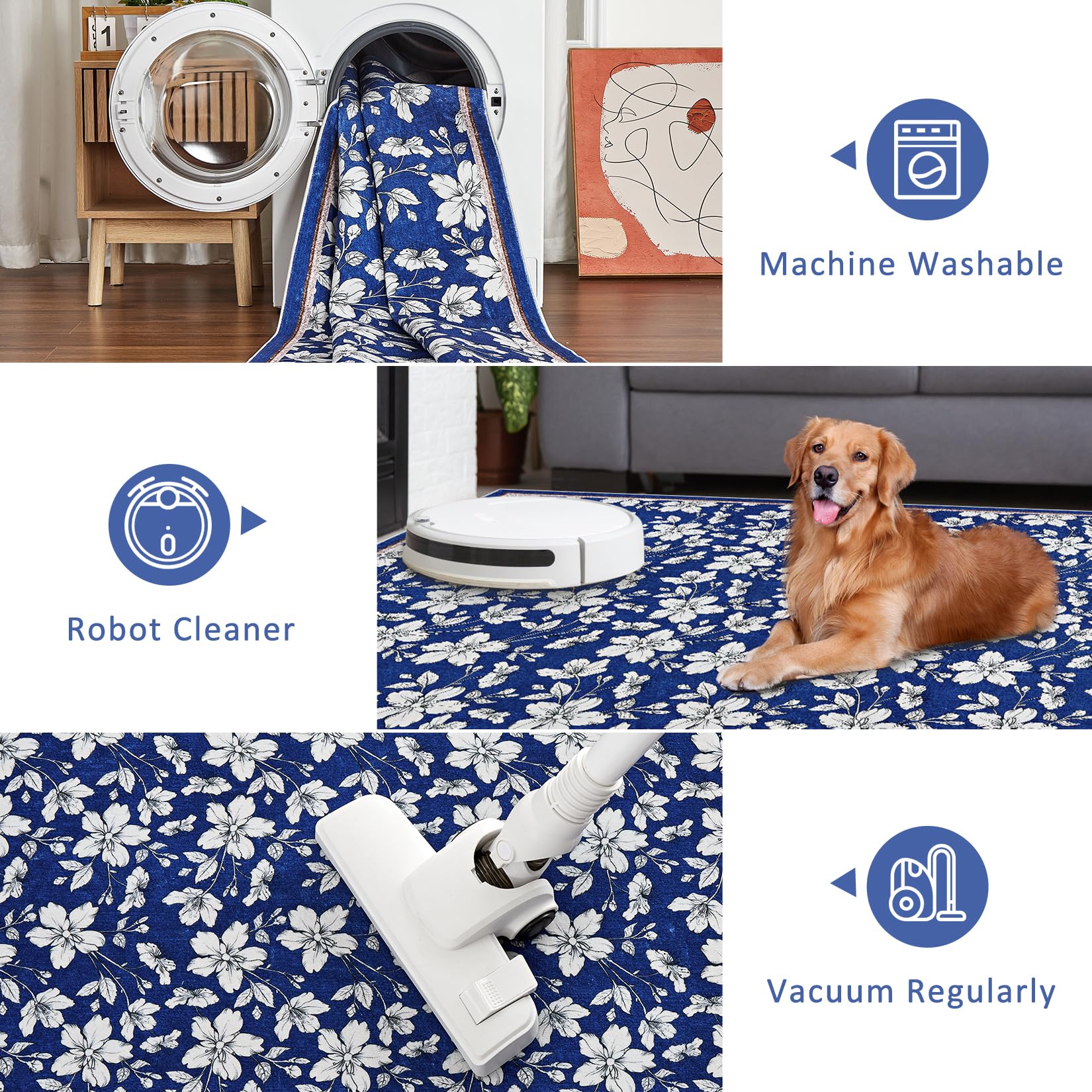 Tappeto Garvee lavabile per soggiorno con motivo floreale vintage, pelo corto, antiscivolo, morbido, 120x170 cm, blu