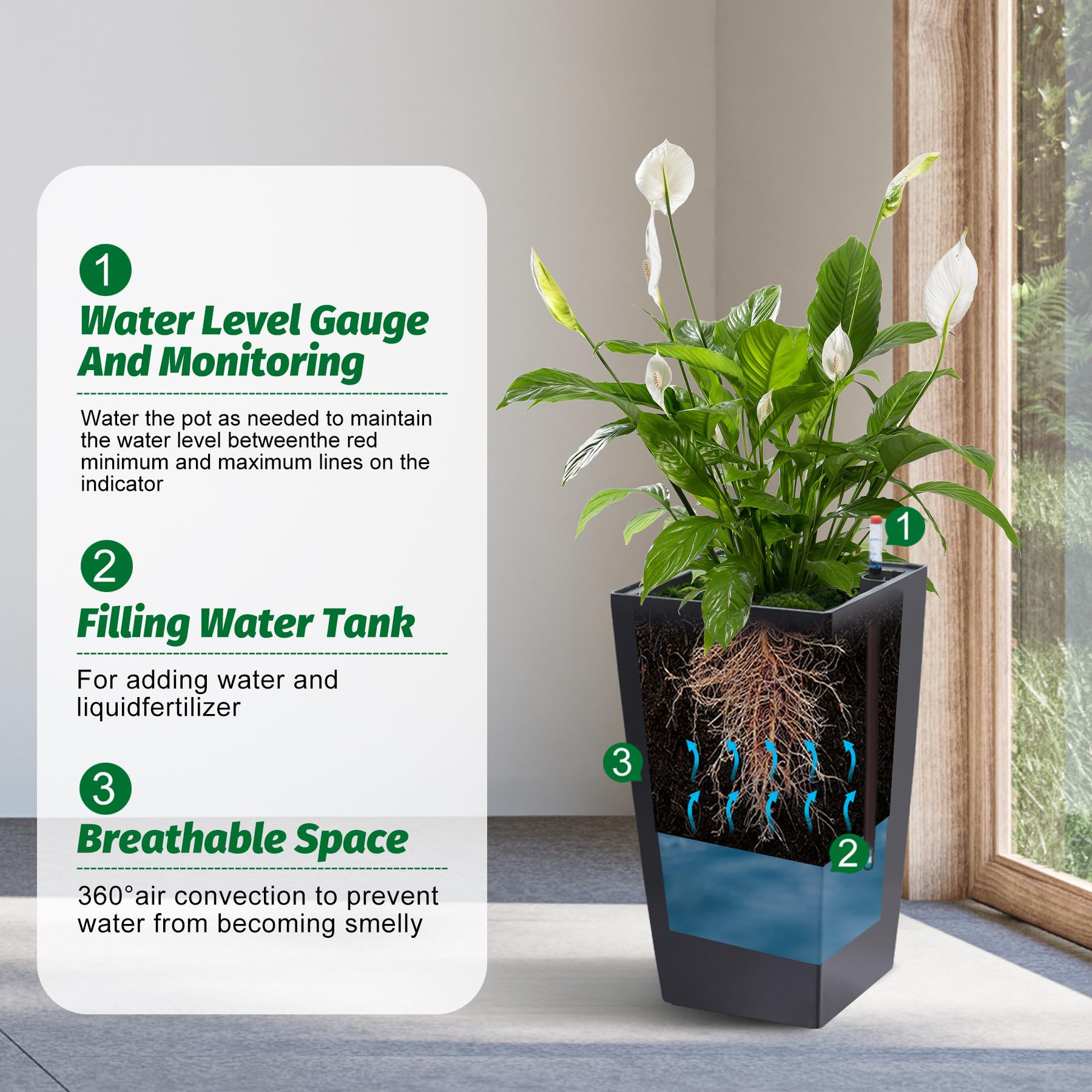 Garvee Set di 2 fioriere alte 57.15 cm con irrigazione automatica e monitor del livello dell'acqua per balcone e terrazza, pois bianchi e neri, plastica resistente alle intemperie